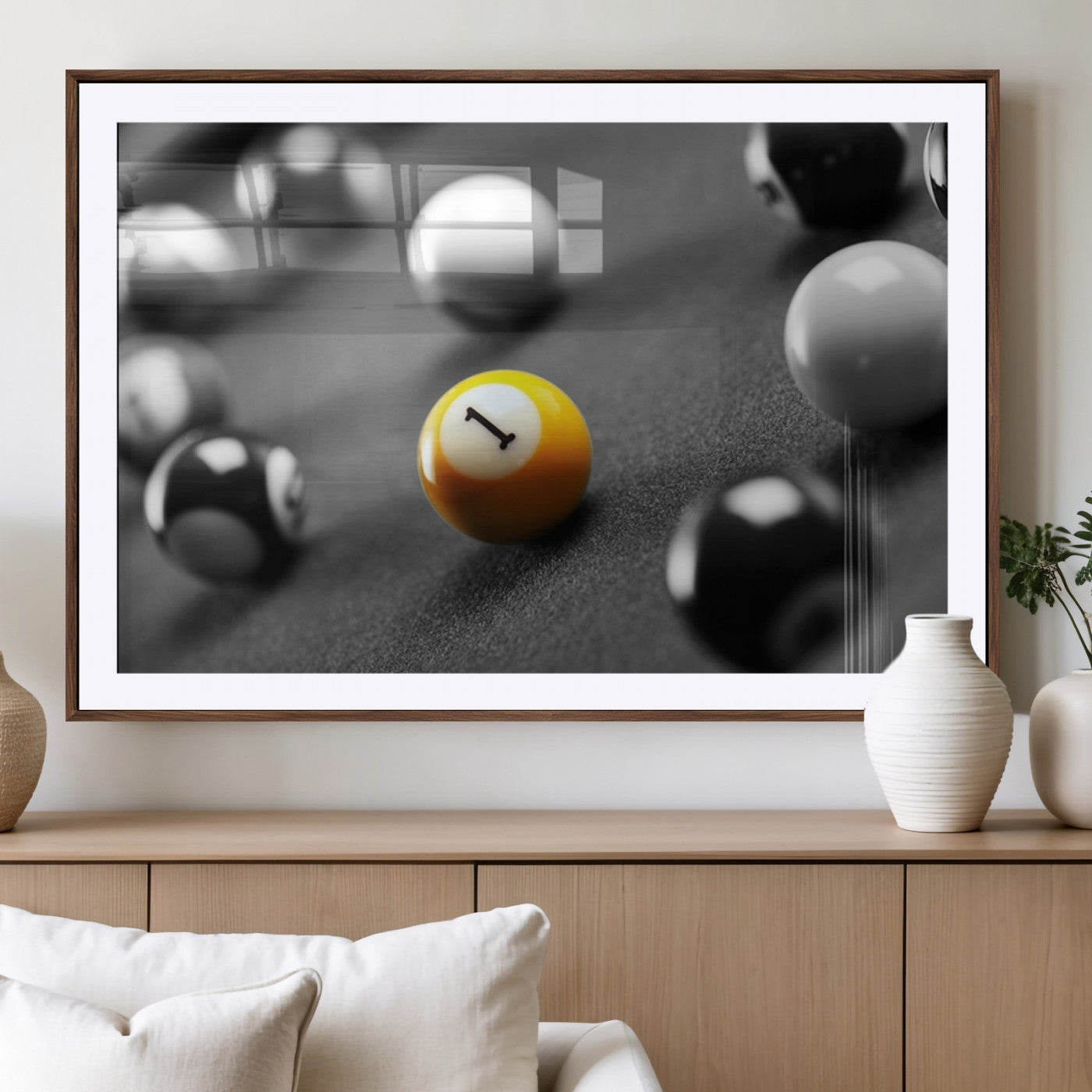 52108-MGV-CV-36X24-Precision Pool Table Wall Art – Close Up Yellow 1 Ball Canvas Print, Hand-Played Billiards Game Decor for Office, Game Room, or