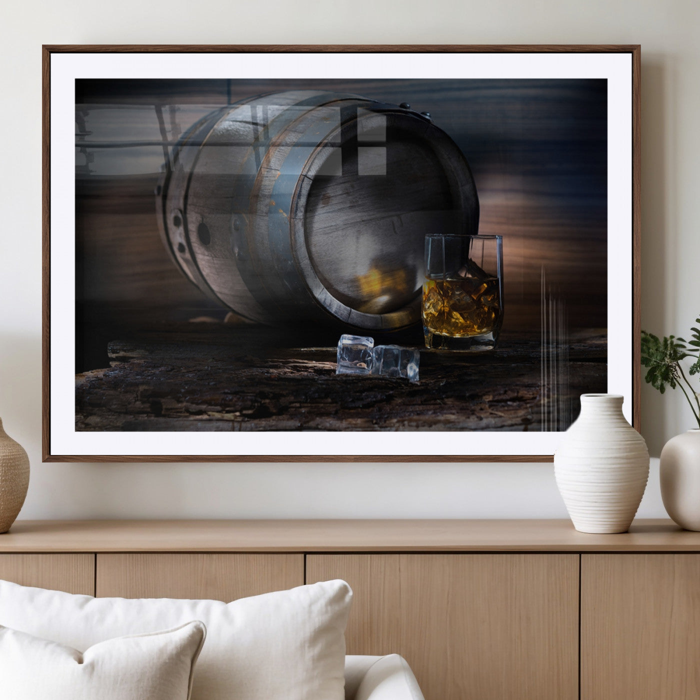 78049-MGV-CV-36X24-Whiskey Barrel Wall Art – Rustic Whiskey Barrel and Glass with Ice Canvas Print, Classic Bar or Lounge Decor for Home, Office, or