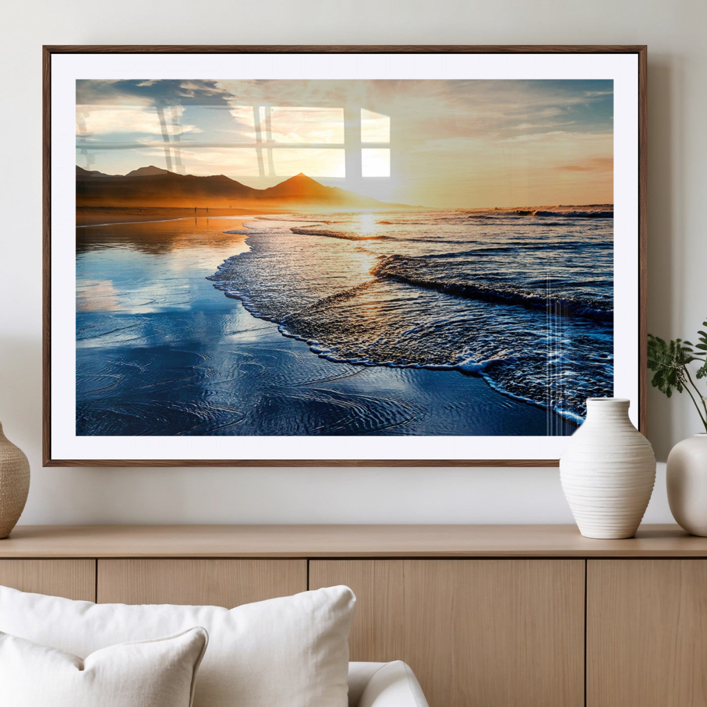 86173-MGV-CV-36X24-Golden Sunset Beach Wall Art – Reflective Ocean Canvas Print with Mountains and Waves, Coastal Nature Decor for Living Room,