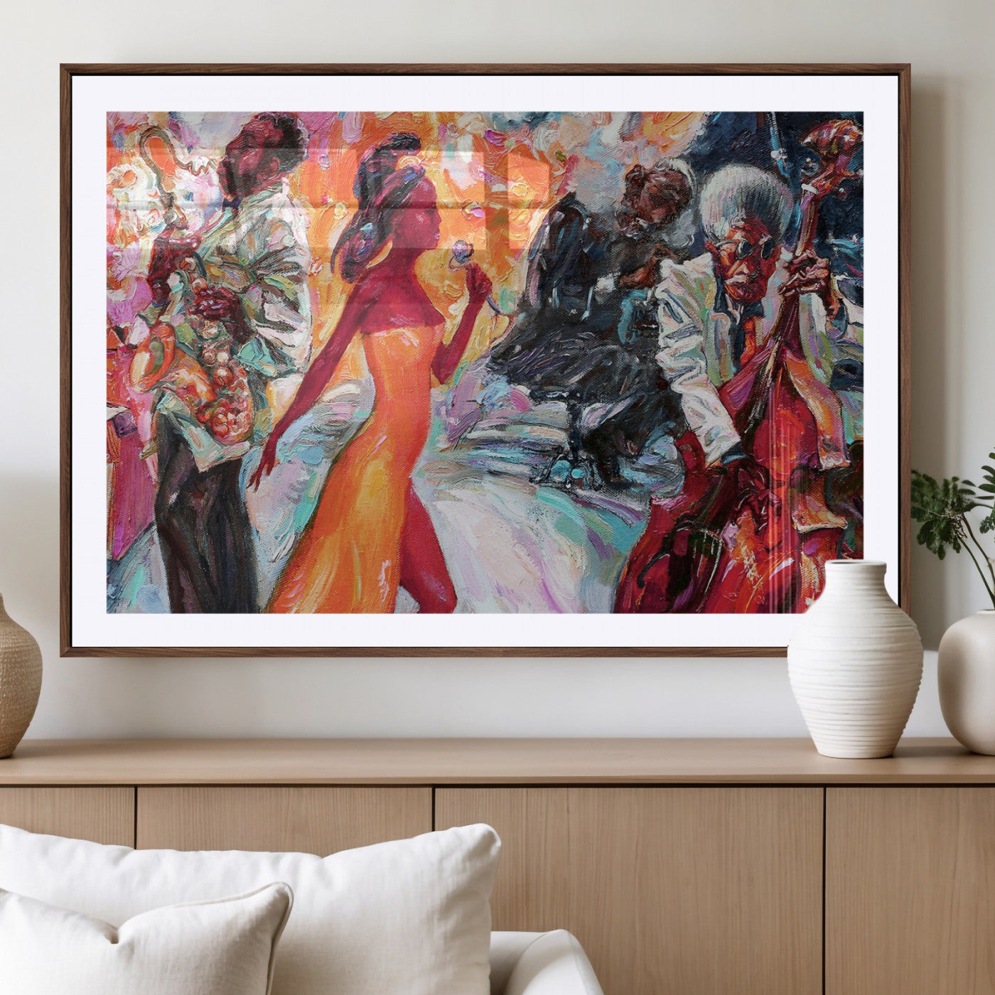 24452-MGV-CV-36X24-Vibrant Jazz Musician Painting - Expressive Art Print of Live Jazz Band, Perfect Wall Decor for Music Lovers and Art Enthusiasts