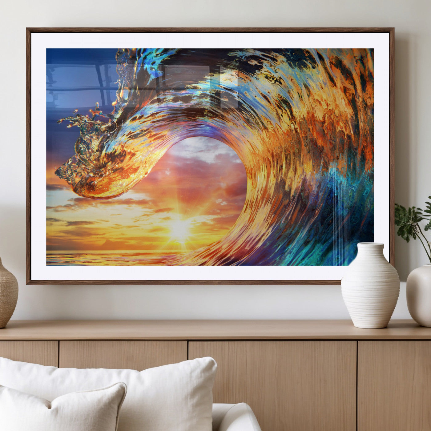 52890-MGV-CV-36X24-Surfing Wave Wall Art Canvas Print, Framed Sunset Ocean Art Picture Print, Ocean Wave Perfect Nautical Decor Artwork