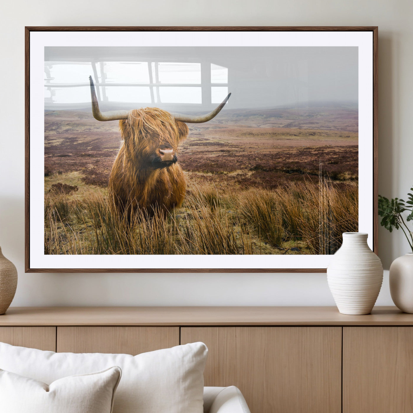 79391-MGV-CV-36X24-Majestic Highland Cow in Misty Scottish Moorland – Rustic Natural Charm, Perfect for Unique Home or Office Decor