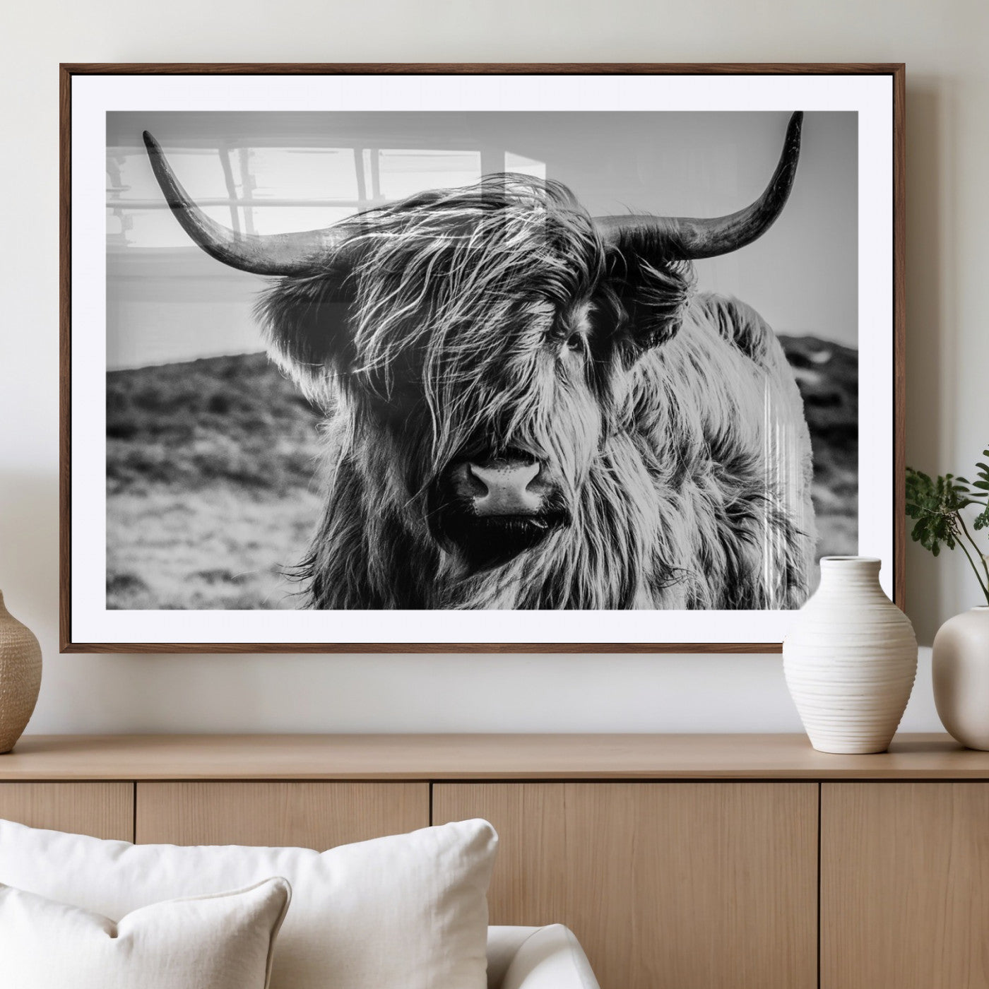 36979-MGV-CV-36X24-Striking black-and-white portrait of a Highland cow with flowing fur and majestic horns, perfect for rustic and elegant home or