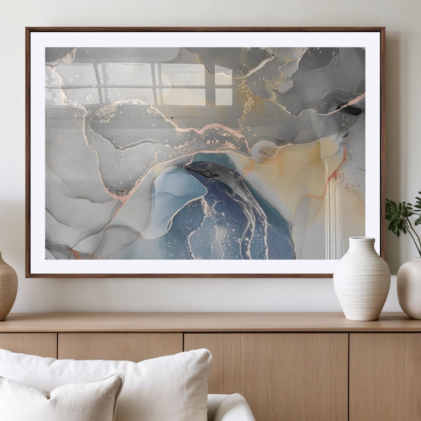 63211-MGV-CV-36X24-Abstract Fluid Art Wall Decor – Blue, Gray & Gold Canvas Print, Modern Home and Office Wall Art Decor for Living Room, Bedroom or