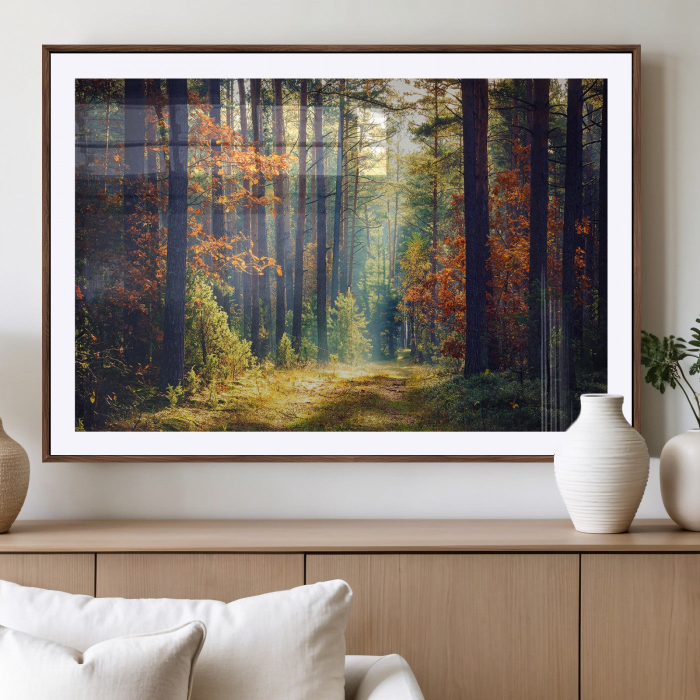 86249-MGV-CV-36X24-Sunlit Autumn Forest Path Wall Art – Peaceful Nature Scene with Fall Foliage, Calming Woods Decor for Home or Office