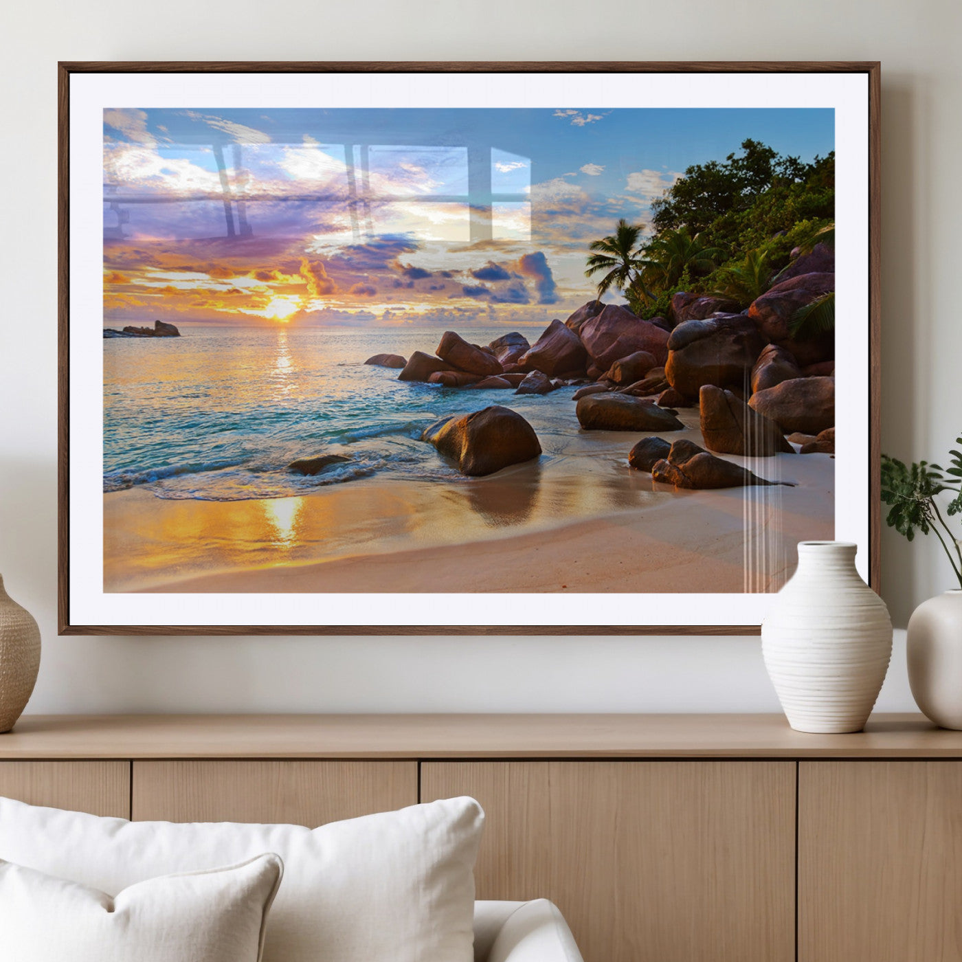 43209-MGV-CV-36X24-Tropical Beach Sunset Wall Art – Golden Ocean Waves and Palm Trees with Rocky Shore Canvas Print, Coastal Seascape Decor for