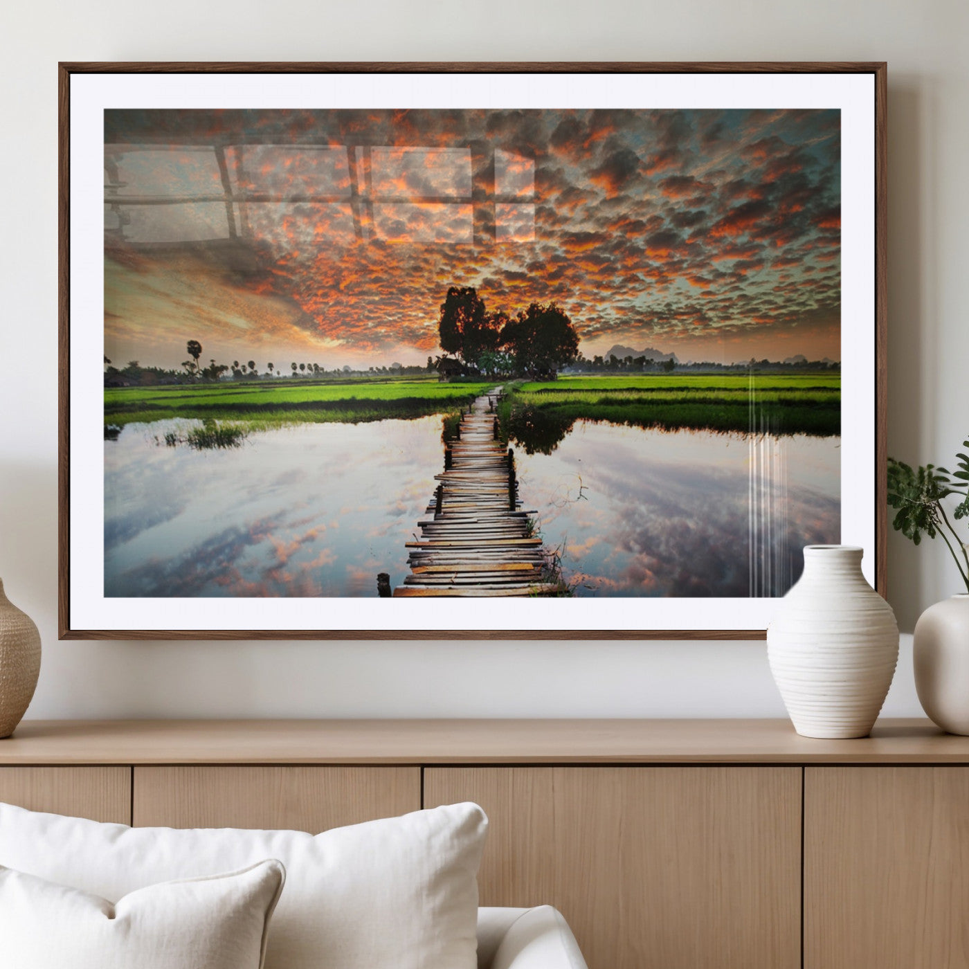 29105-MGC-FP-36x24_Walnut-Rustic Wooden Bridge Wall Art – Scenic Sunset Over Rice Fields and Reflective Water Canvas Print, Nature Landscape Decor for