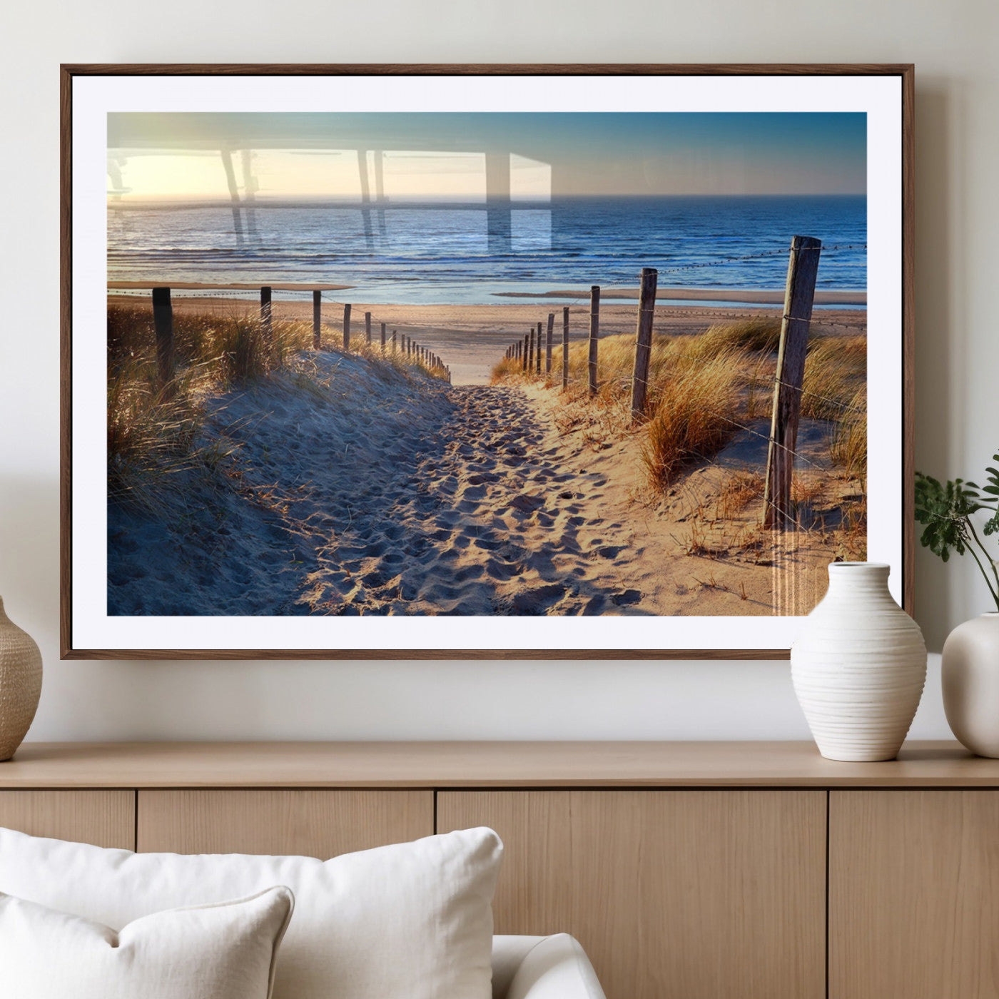 31889-MGC-FP-36x24_Walnut-Sandy Beach Pathway Wall Art – Coastal Dune Fence and Ocean View Canvas Print, Relaxing Seaside Landscape Decor for Living Room or