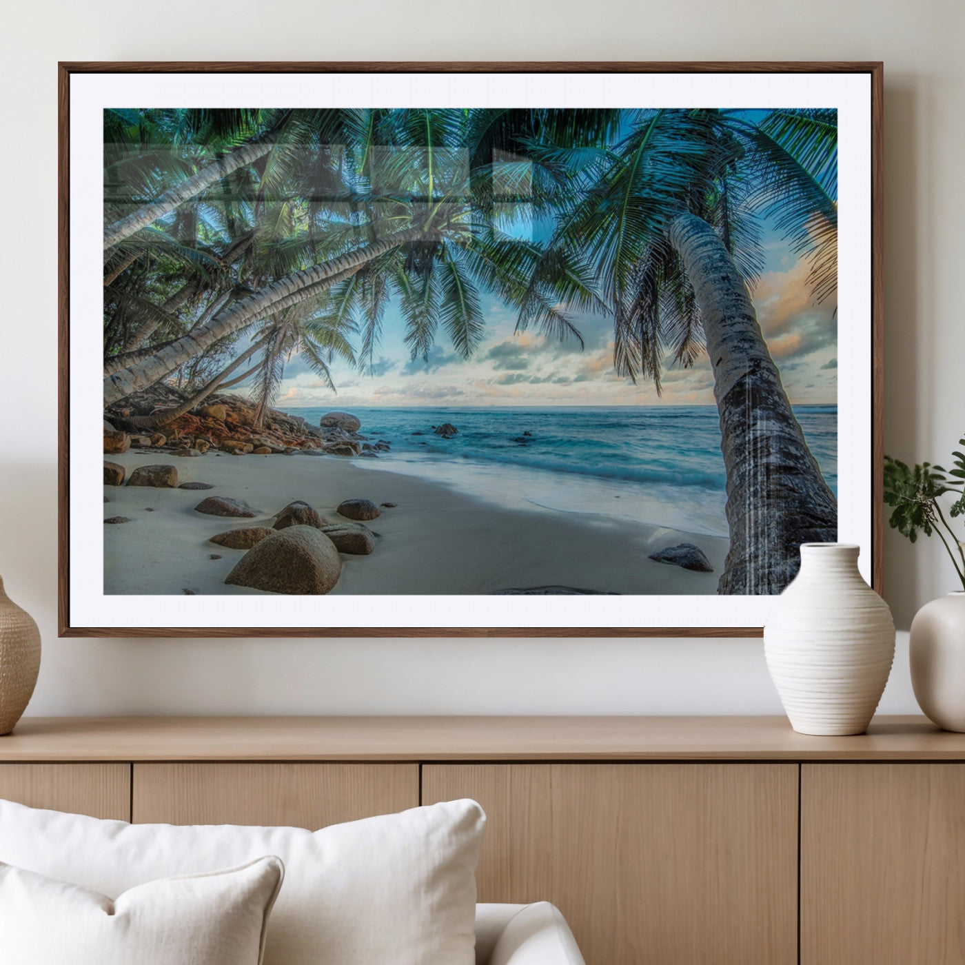 39679-MGC-FP-36x24_Walnut-Tropical Palm Beach Wall Art – Serene Ocean Canvas Print with Palm Trees and Rocks, Coastal Paradise Decor for Living Room or