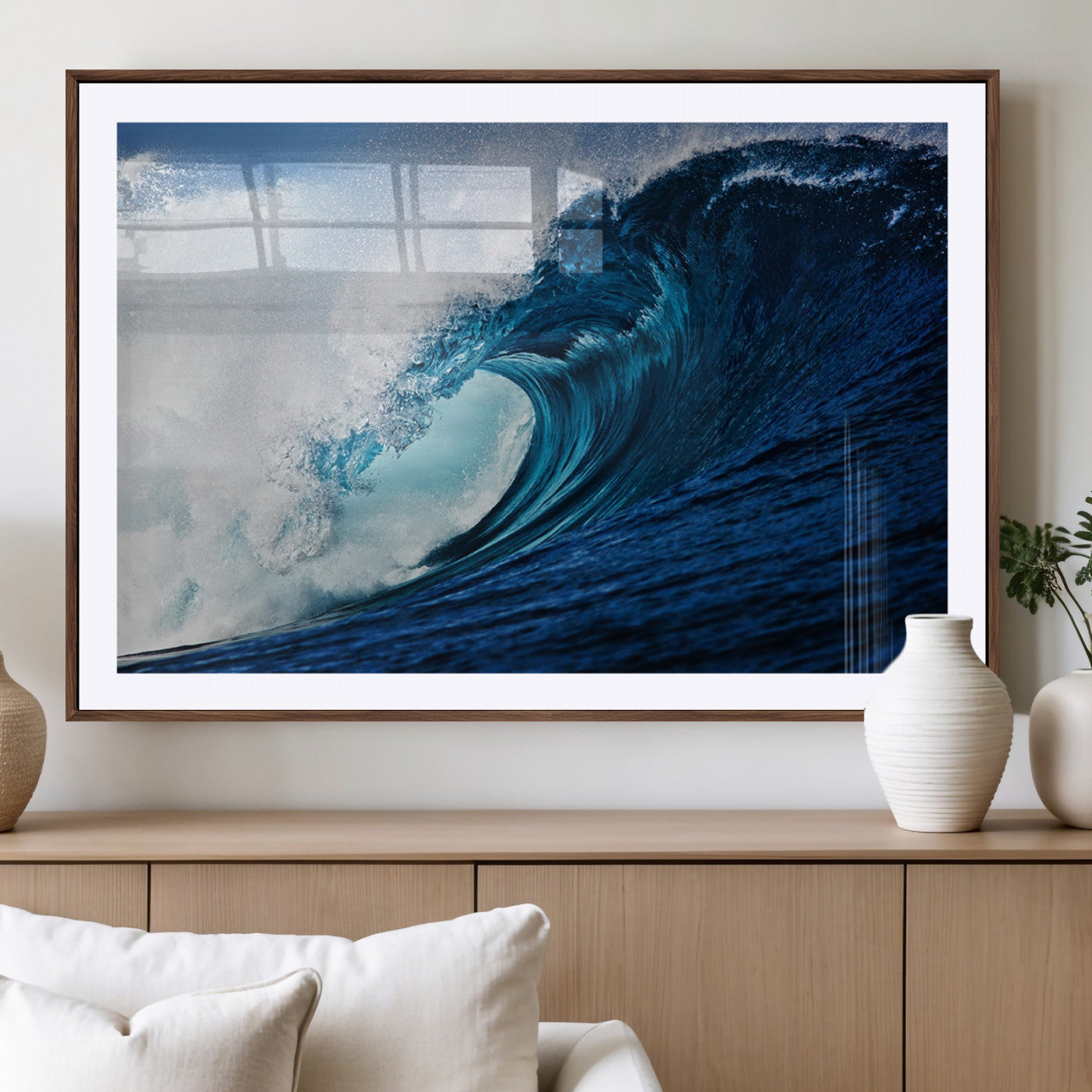 89502-MGC-FP-36x24_Walnut-Powerful Ocean Wave Wall Art – Panoramic Blue Sea Wave Canvas Print, Coastal Surf Photography Artwork for Living Room, Bedroom, or