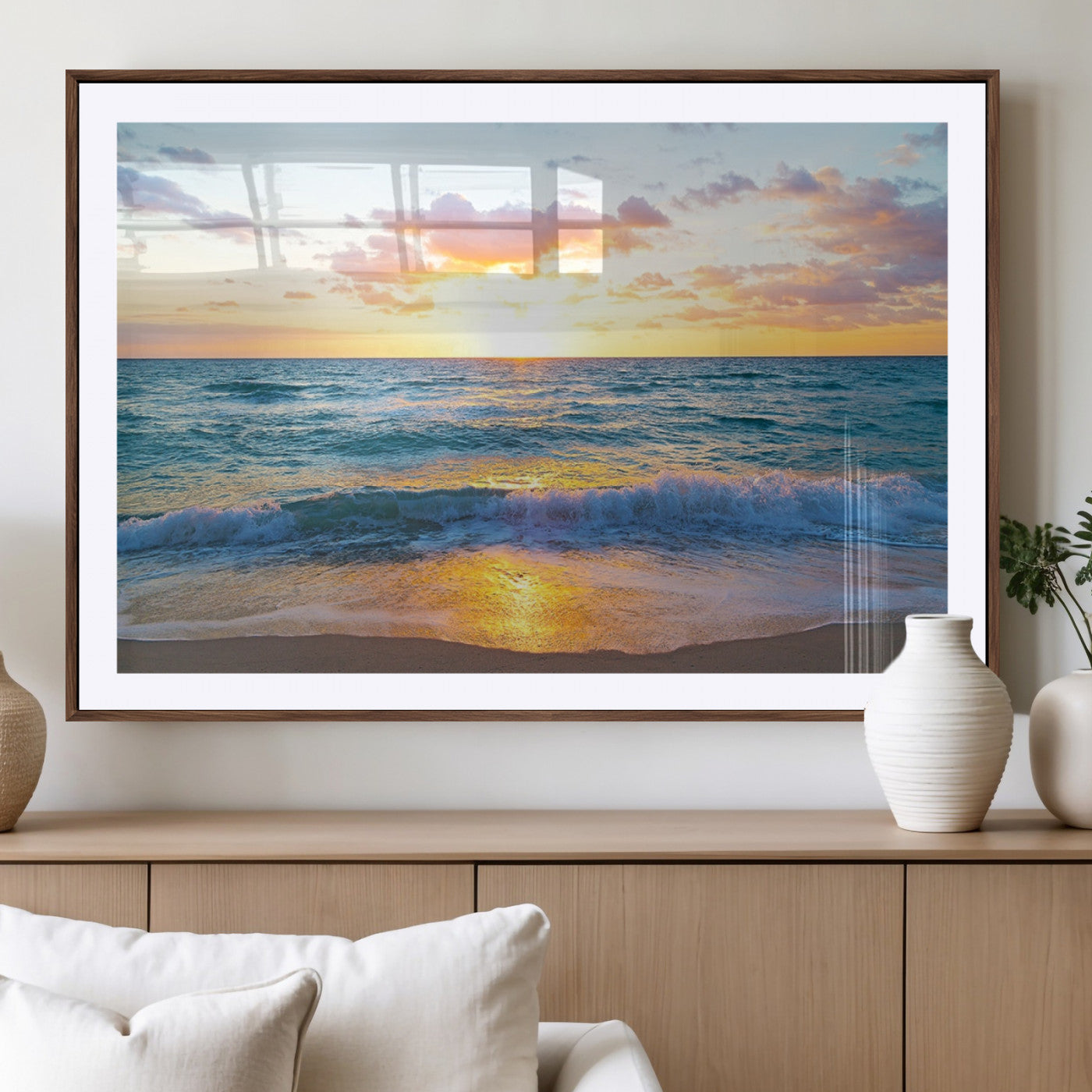 78006-MGC-FP-36x24_Walnut-Golden Sunrise Ocean Wall Art – Panoramic Beach Waves Canvas Print, Coastal Seascape Artwork for Living Room, Bedroom, Office, or
