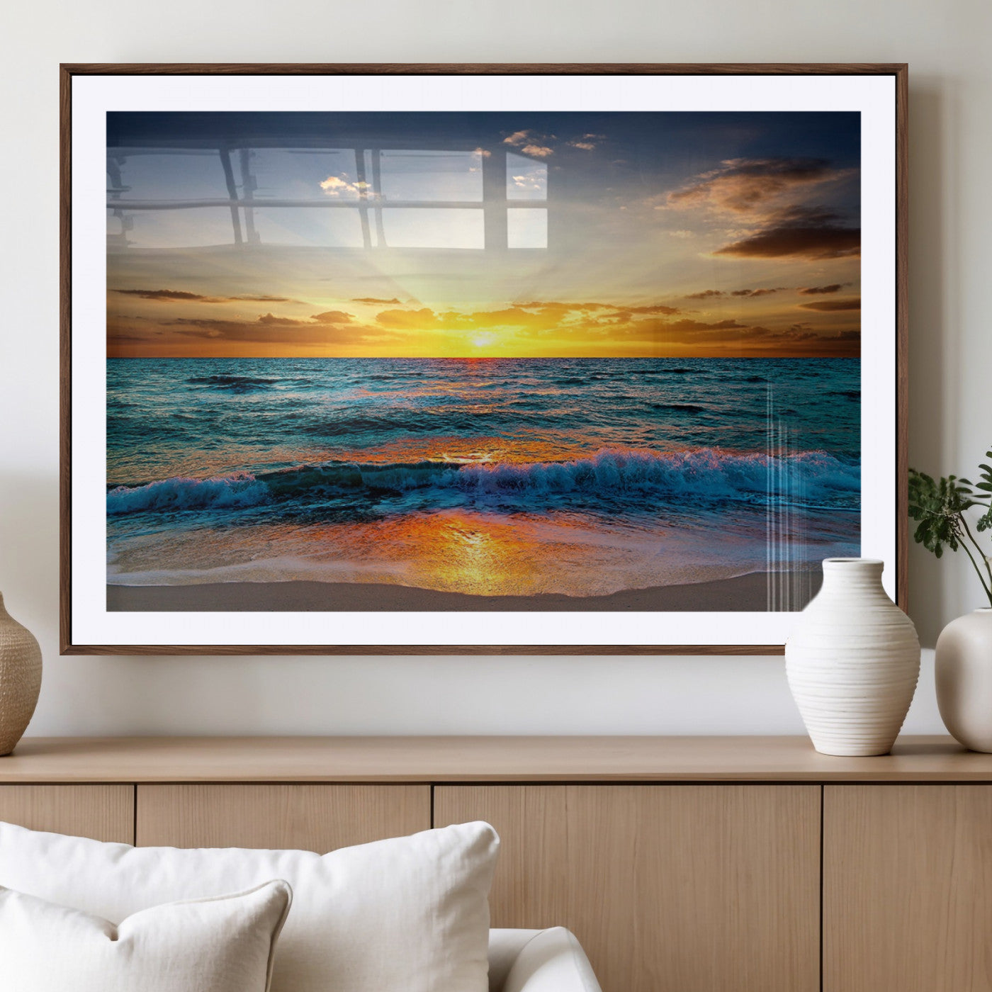 50627-MGC-FP-36x24_Walnut-Ocean Sunset Wall Art – Serene Beach Canvas Print with Waves and Golden Sky, Coastal Decor for Living Room or Office