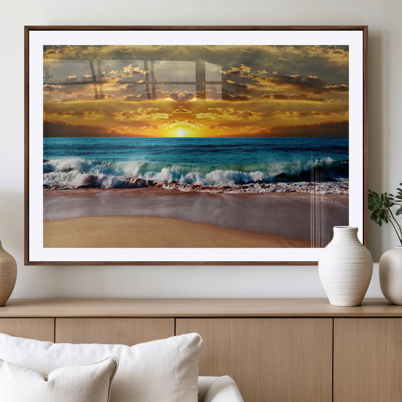 83389-MGC-FP-36x24_Walnut-Ocean Sunrise Wall Art – Vibrant Beach Waves Canvas Print, Coastal Seascape Decor for Living Room or Office