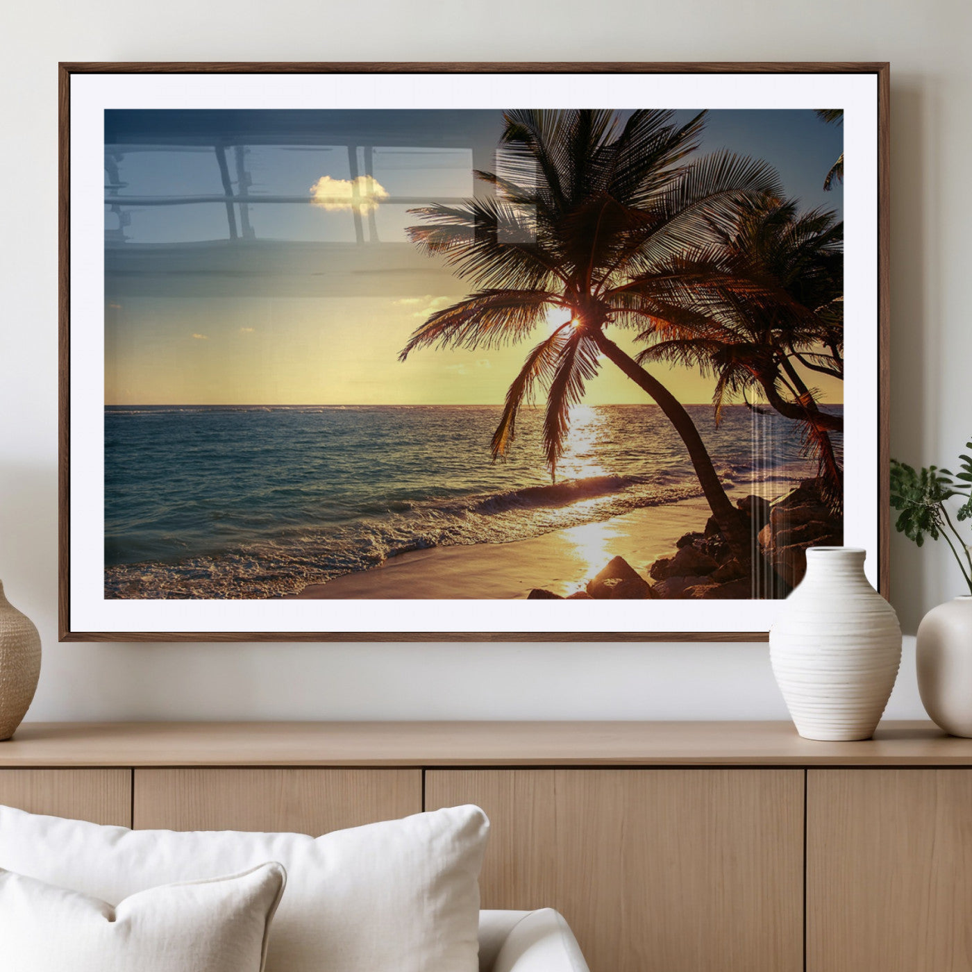 82710-MGC-FP-36x24_Walnut-Palm Tree Sunset Beach Wall Art – Tropical Ocean Canvas Print, Coastal Paradise Seascape Decor for Living Room or Office Wall
