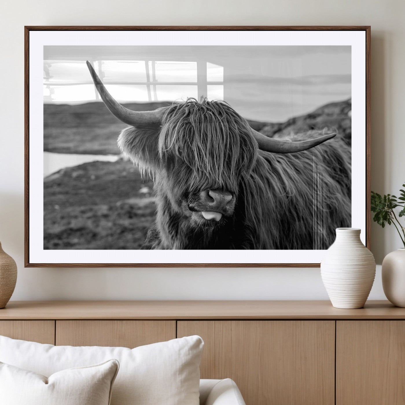 83810-MGC-FP-36x24_Walnut-Highland Cow Wall Art – Black and White Highland Cattle Print, Rustic Farmhouse Animal Decor for Living Room