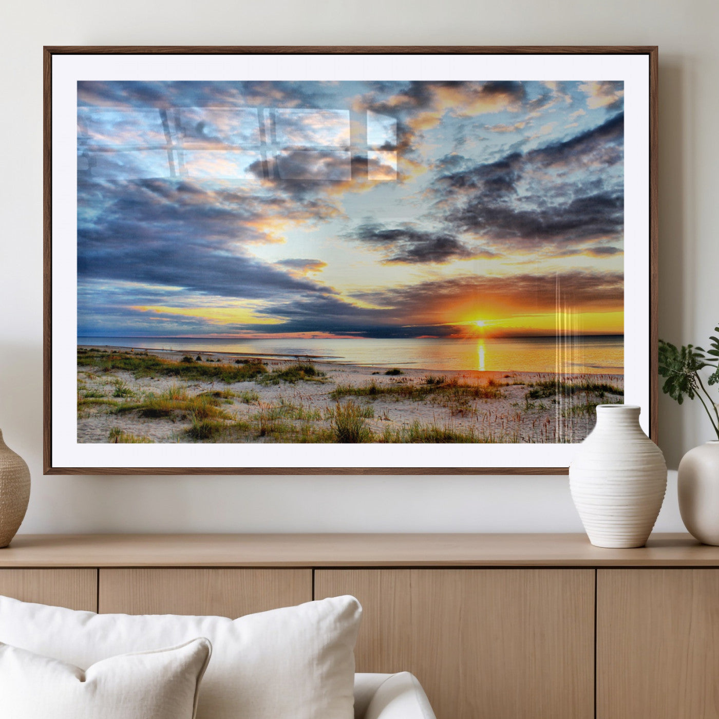39645-MGC-FP-36x24_Walnut-Golden Beach Sunset Wall Art – Serene Ocean Horizon Canvas Print, Coastal Nature Landscape Decor for Living Room, Bedroom or