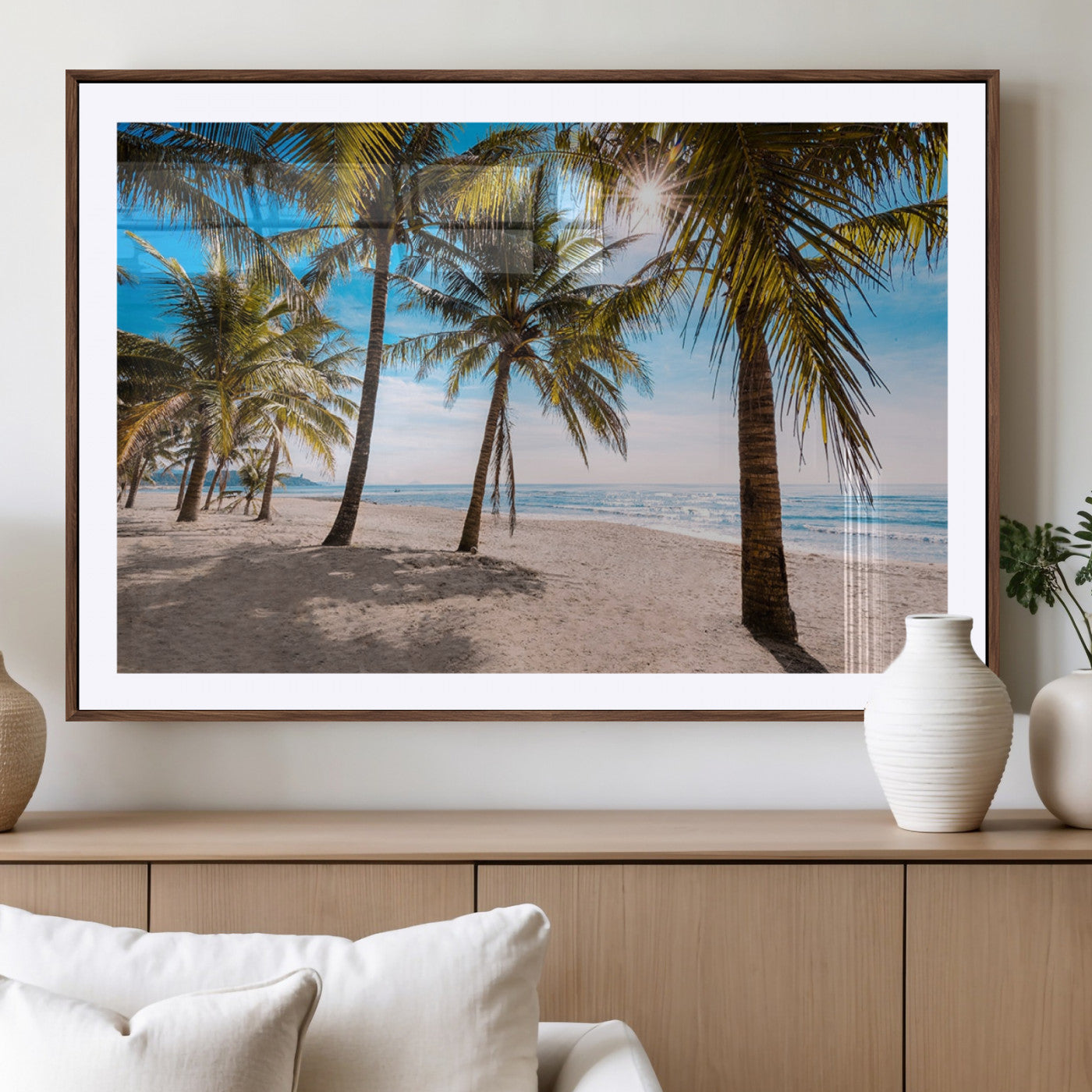 98175-MGC-FP-36x24_Walnut-Tropical Palm Beach Wall Art – Relaxing Ocean Shore Canvas Print with Palm Trees, Coastal Summer Decor for Living Room, Bedroom or