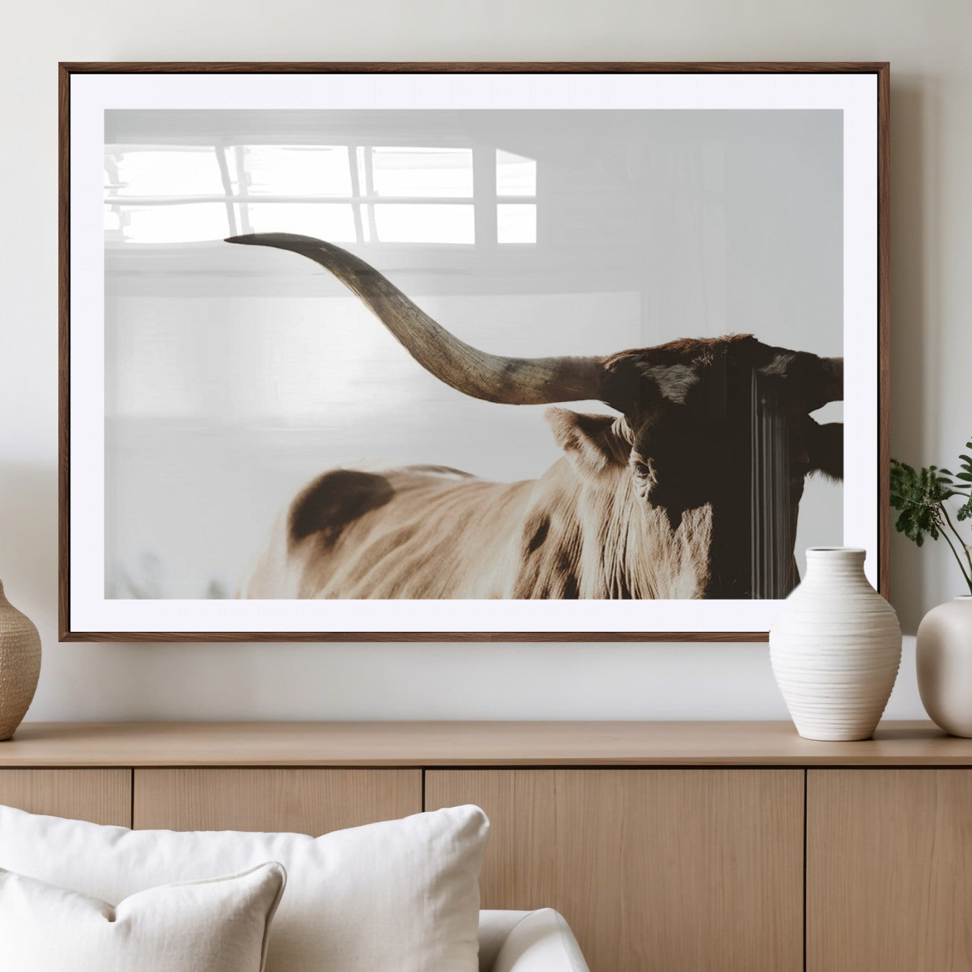 35866-MGC-FP-36x24_Walnut-Texas Longhorn Wall Art – Rustic Western Bull Canvas Print, Farmhouse Animal Photography Decor for Living Room, Office, or Ranch