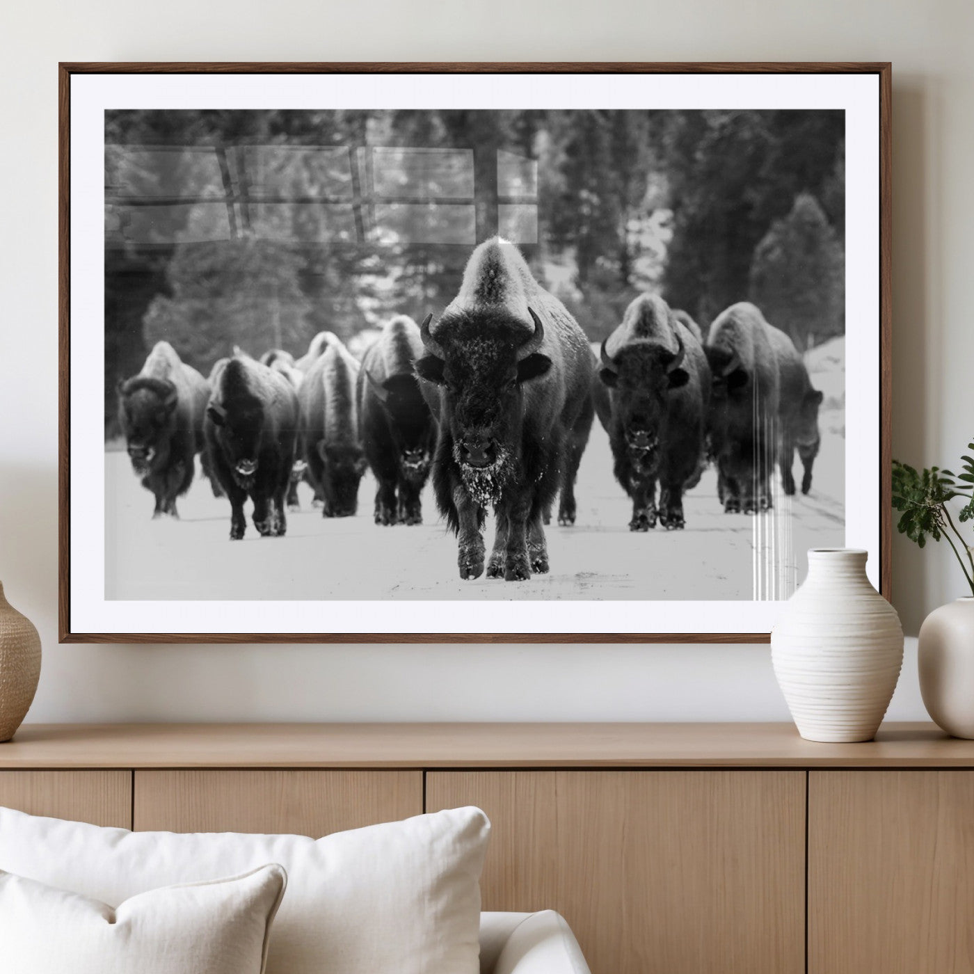 62434-MGV-CV-36X24-Bison Herd Wall Art – Majestic Black and White Buffalo Canvas Print, Wildlife Nature Photography Decor for Living Room, Office or
