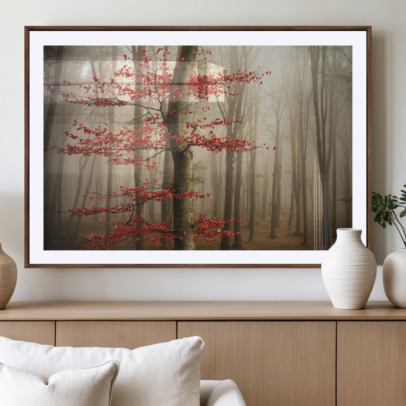 61855-MGV-CV-36X24-Misty Forest Wall Art – Red Tree with Autumn Leaves Canvas Print, Moody Woodland Nature Decor for Living Room, Bedroom, or Office