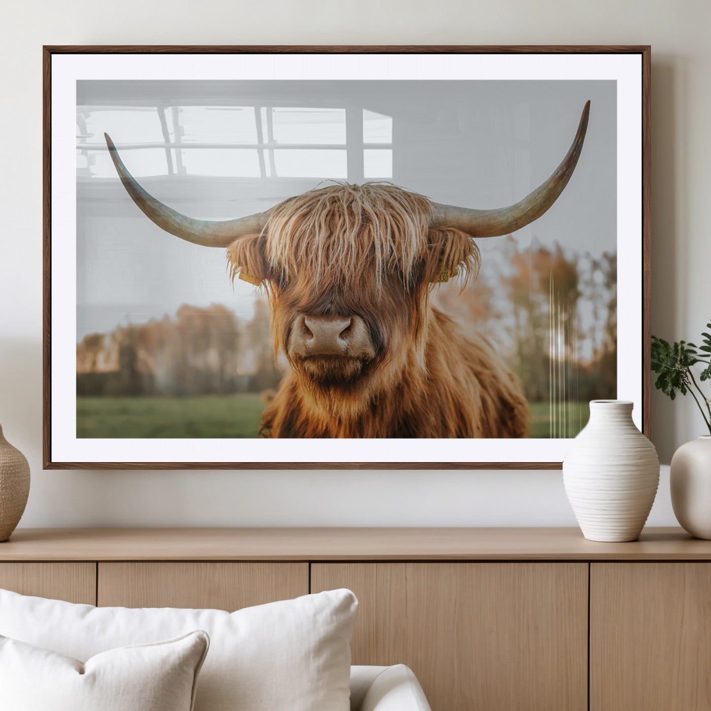 64824-MGC-FP-36x24_Walnut-Highland Cow Wall Art – Rustic Scottish Bull Canvas Print, Farmhouse Animal Decor for Living Room, Bedroom, Office or Cabin