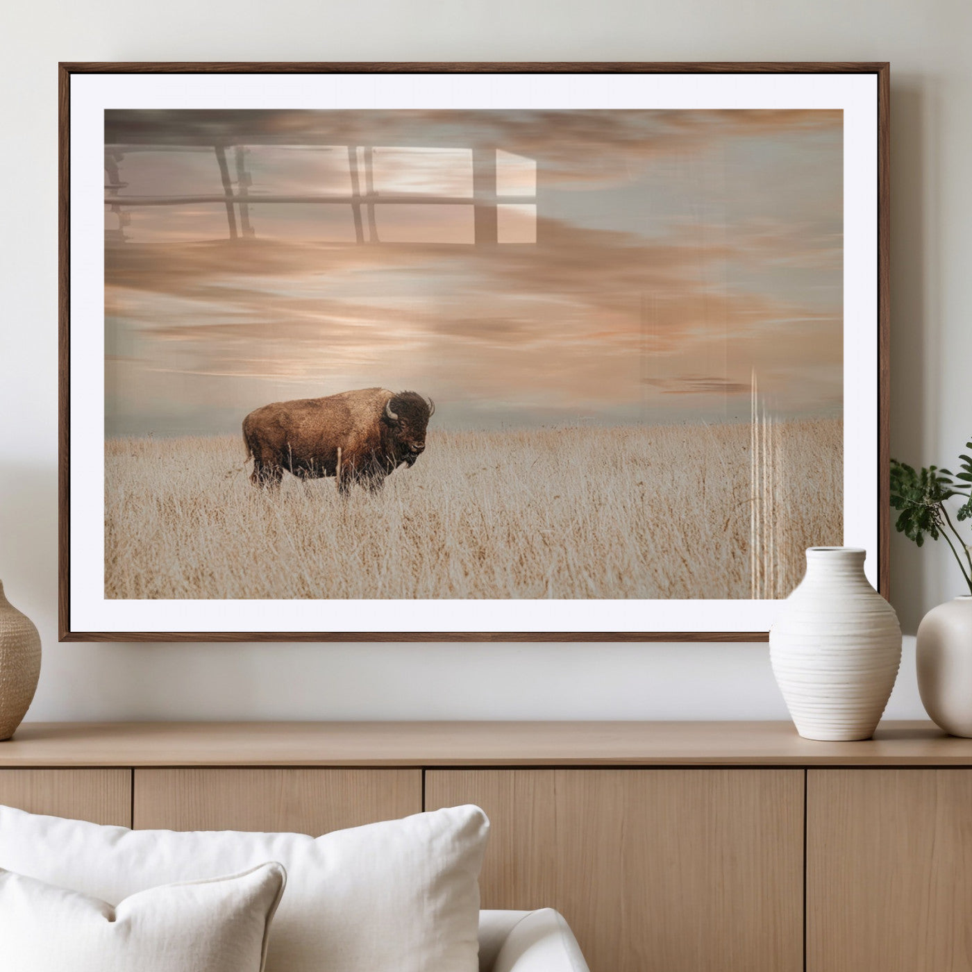 99699-MGC-FP-36x24_Walnut-Bison in Prairie at Sunset – Wildlife Photography Print, American Buffalo Wall Art, Nature Landscape Canvas Decor for Office