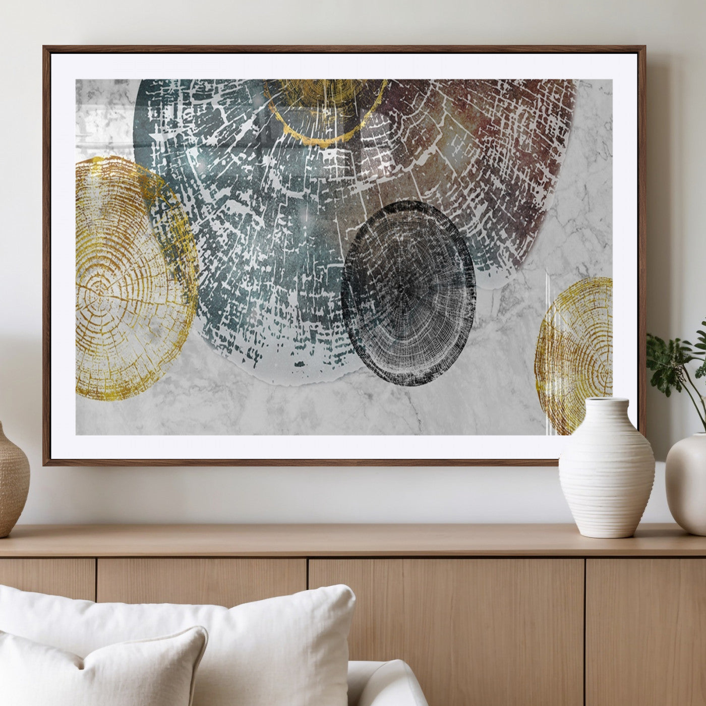 70653-MGV-CV-36X24-Abstract Tree Ring Wall Art – Modern Rustic Wood Slice Canvas Print with Gold Accents, Contemporary Nature Decor for Living Room,