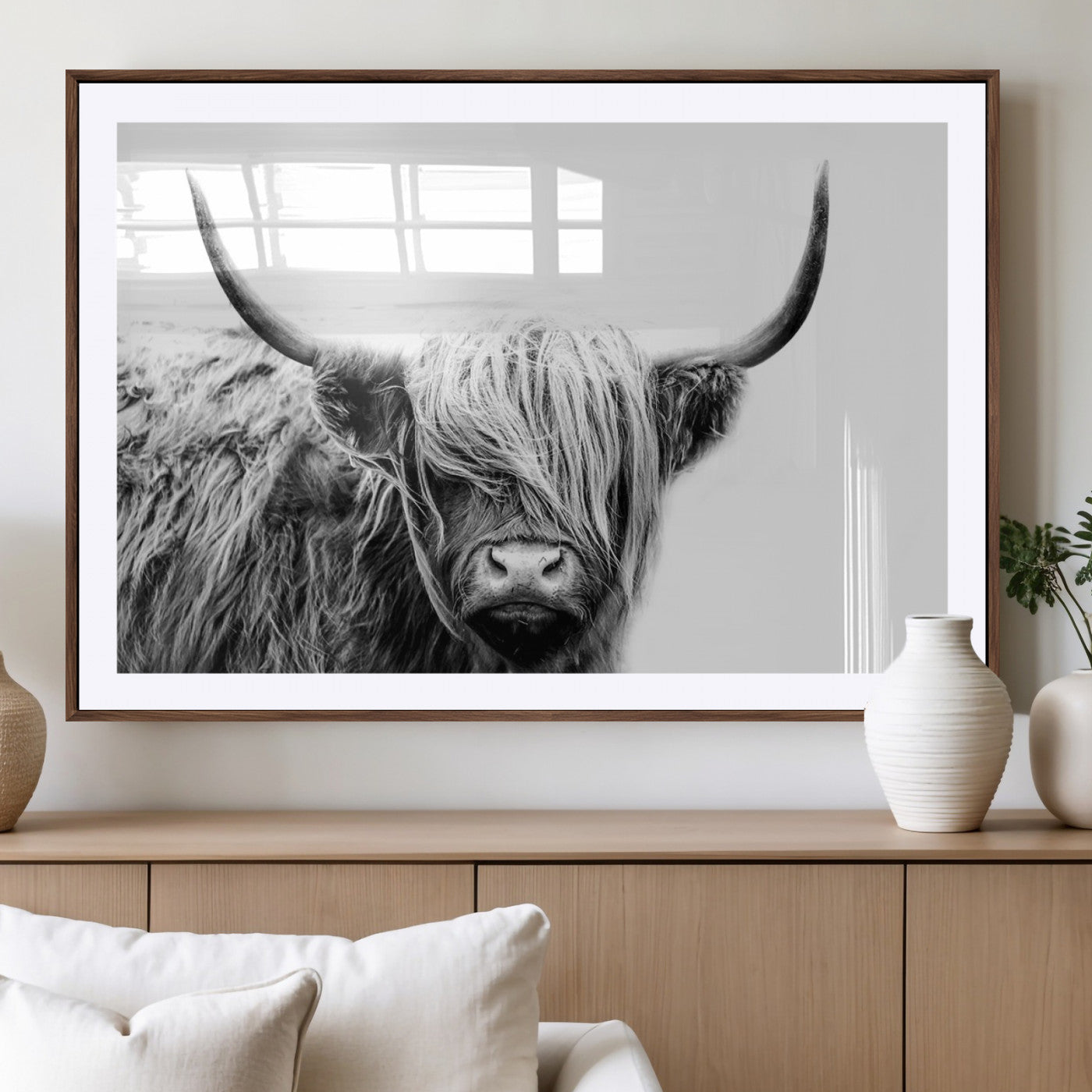 51957-MGV-CV-36X24-Highland Cow Wall Art – Black and White Scottish Highland Bull Canvas Print, Rustic Farmhouse Animal Decor for Living Room,