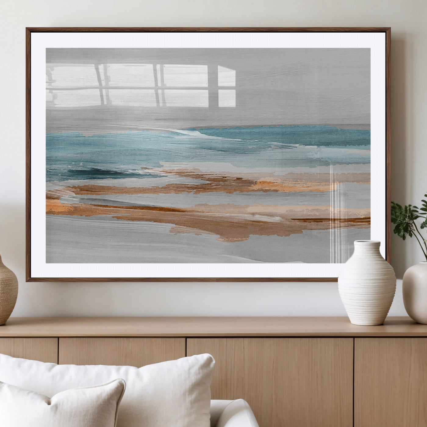 23430-MGC-FP-36x24_Walnut-Abstract Coastal Wall Art – Modern Ocean Horizon Canvas Print, Minimalist Beach Scene Painting for Bedroom, Living Room, Office or
