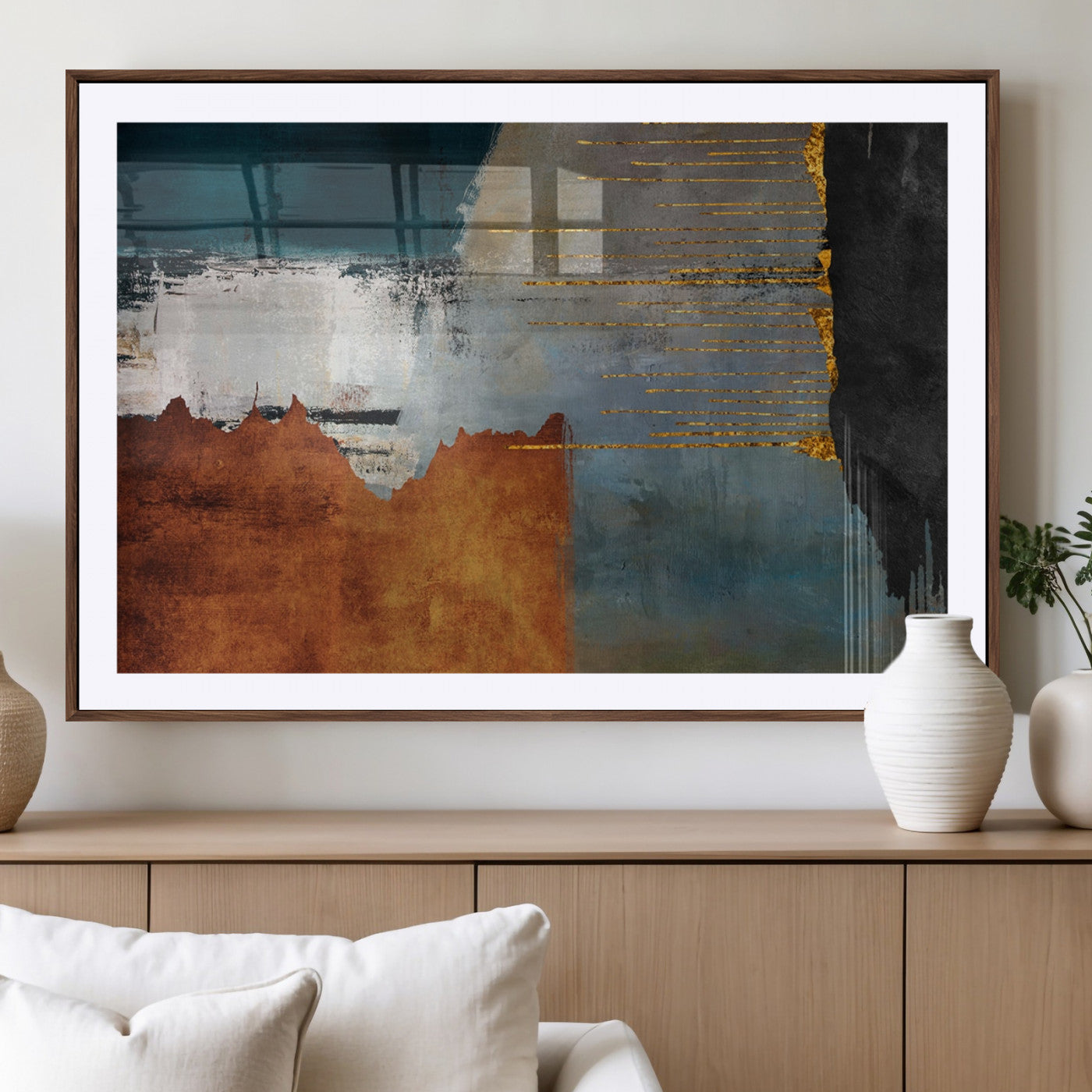 35026-MGV-CV-36X24-Abstract Canvas Wall Art – Modern Teal, Rust, Black and Gold Textured Painting, Contemporary Decor for Living Room, Bedroom or