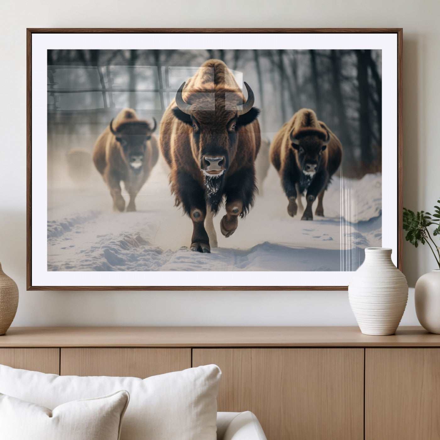 56549-MGC-FP-36x24_Walnut-Wild Bison Wall Art – Majestic Buffalo Herd Running in Snow Canvas Print, Rustic Wildlife Photography Decor for Cabin, Lodge, or
