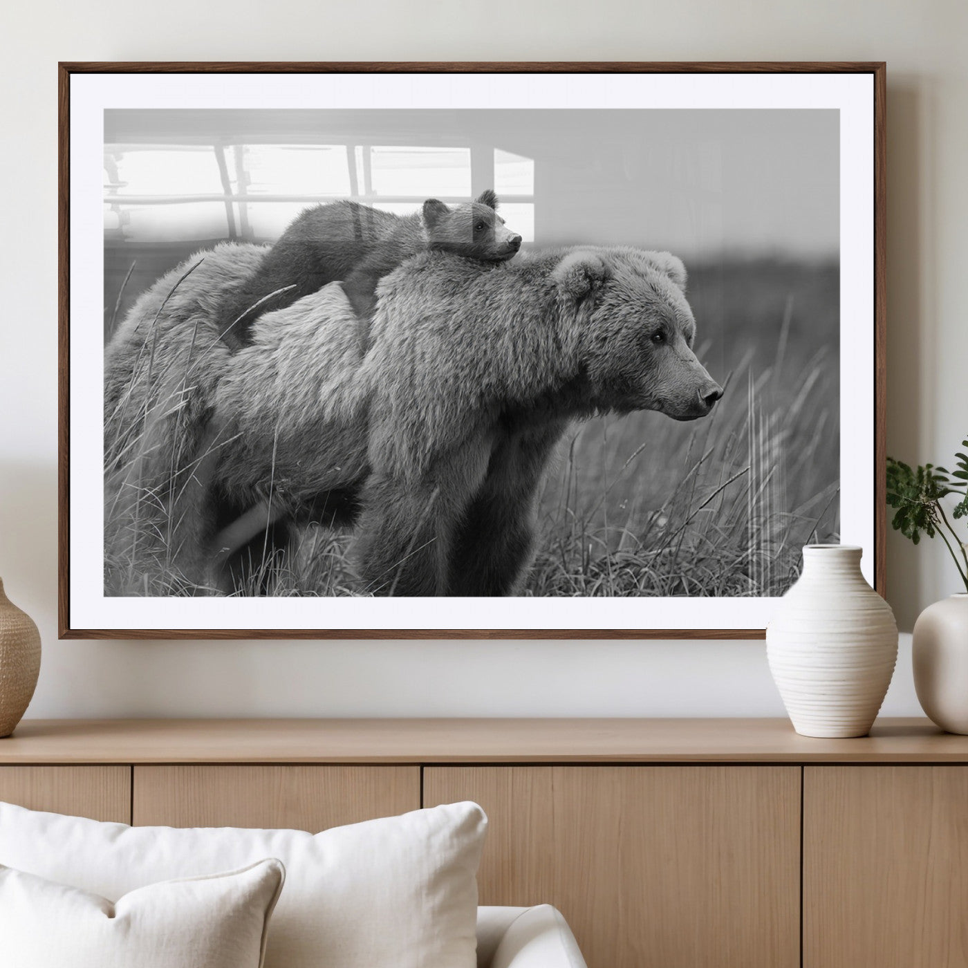76338-MGV-CV-36X24-Mother Bear and Cub Wall Art – Black and White Wildlife Canvas Print, Rustic Nature Photography for Cabin, Living Room or Office