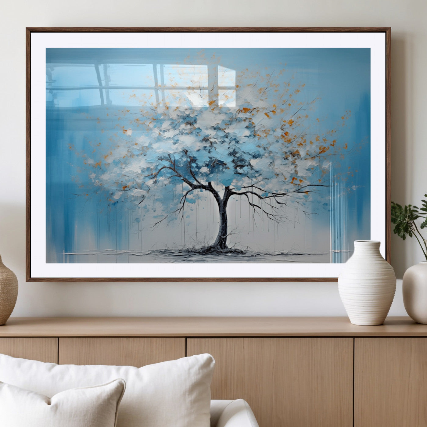 25021-MGV-CV-36X24-Abstract Tree Wall Art – Blue and White Canvas Painting with Gold Accents, Modern Nature-Inspired Artwork for Living Room, Bedroom