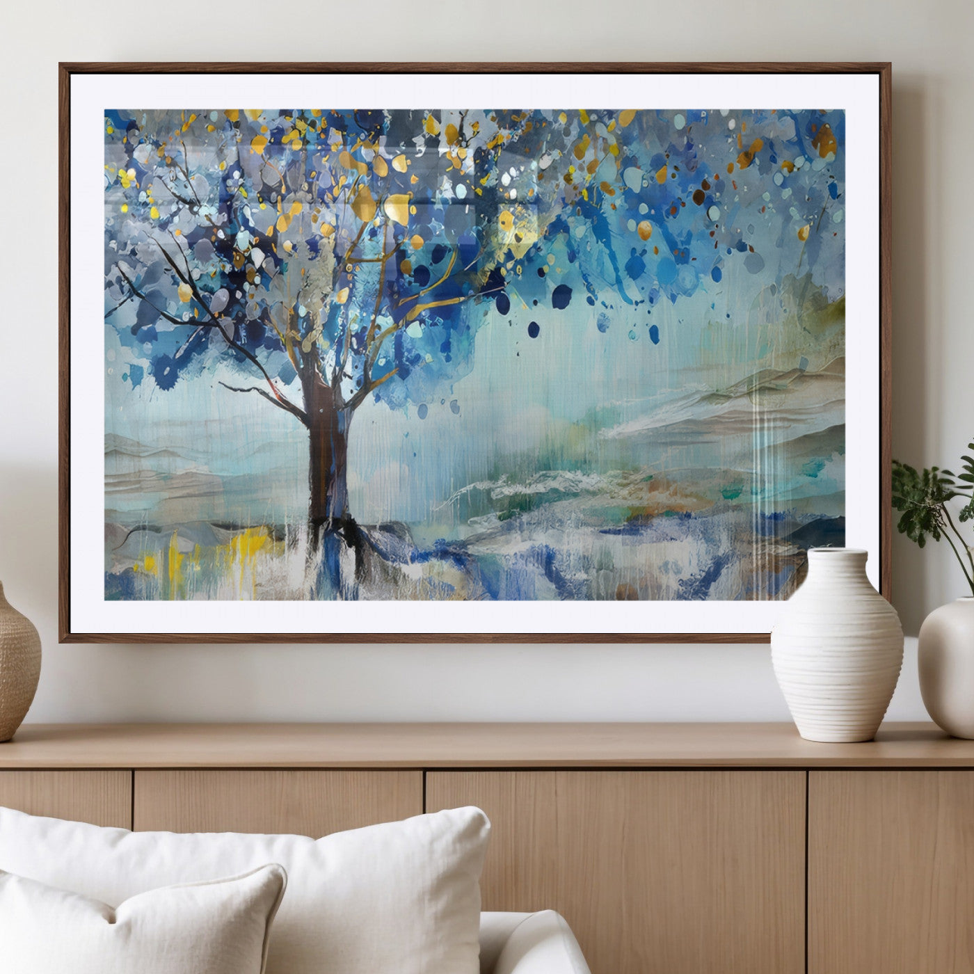 17018-MGV-CV-36X24-Abstract Blue Tree Wall Art – Colorful Canvas Painting with Gold and Silver Accents, Modern Nature Artwork for Living Room,
