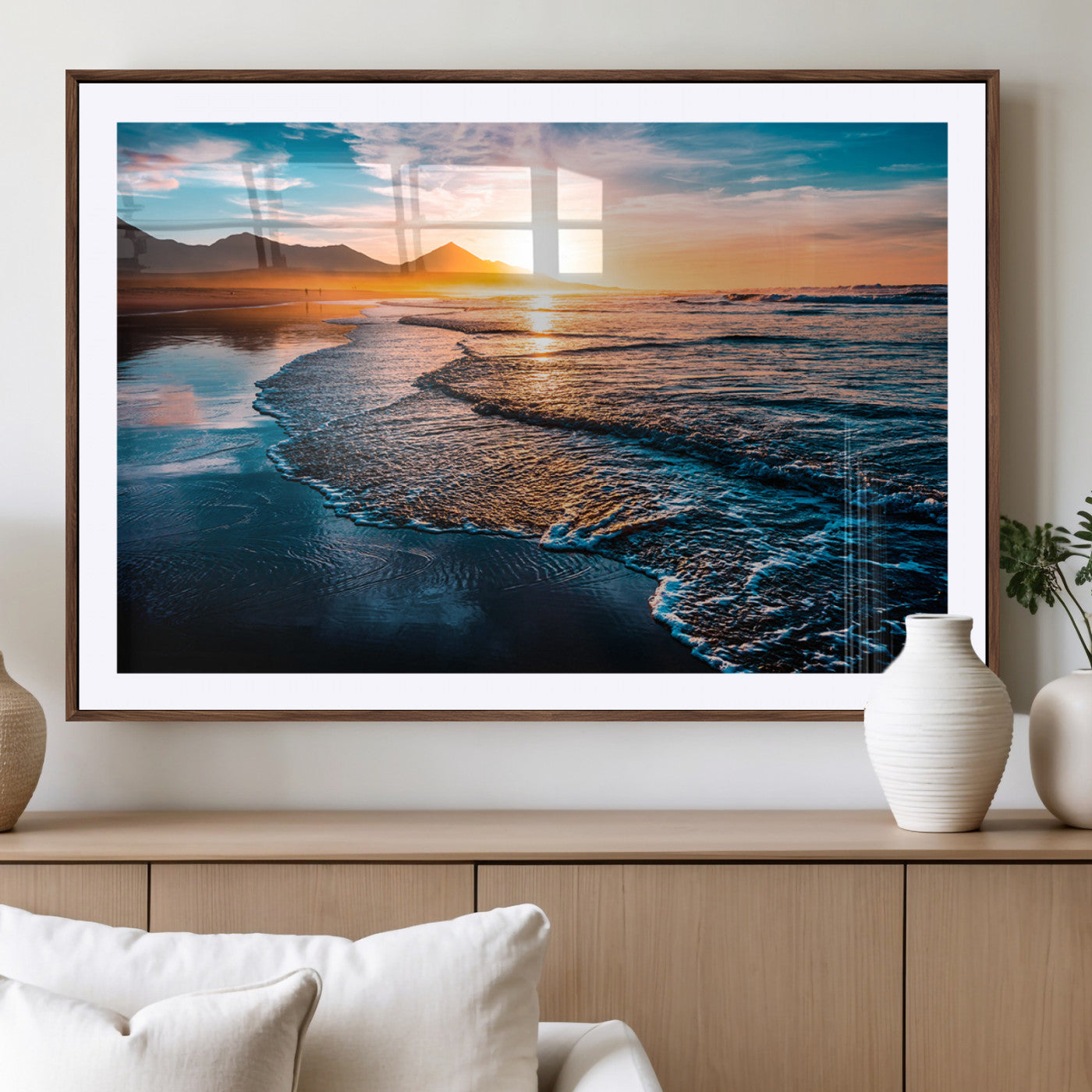 26494-MGV-CV-36X24-Ocean Sunset Wall Art – Scenic Beach Canvas Print with Waves and Mountains, Coastal Seascape Photography for Living Room, Bedroom