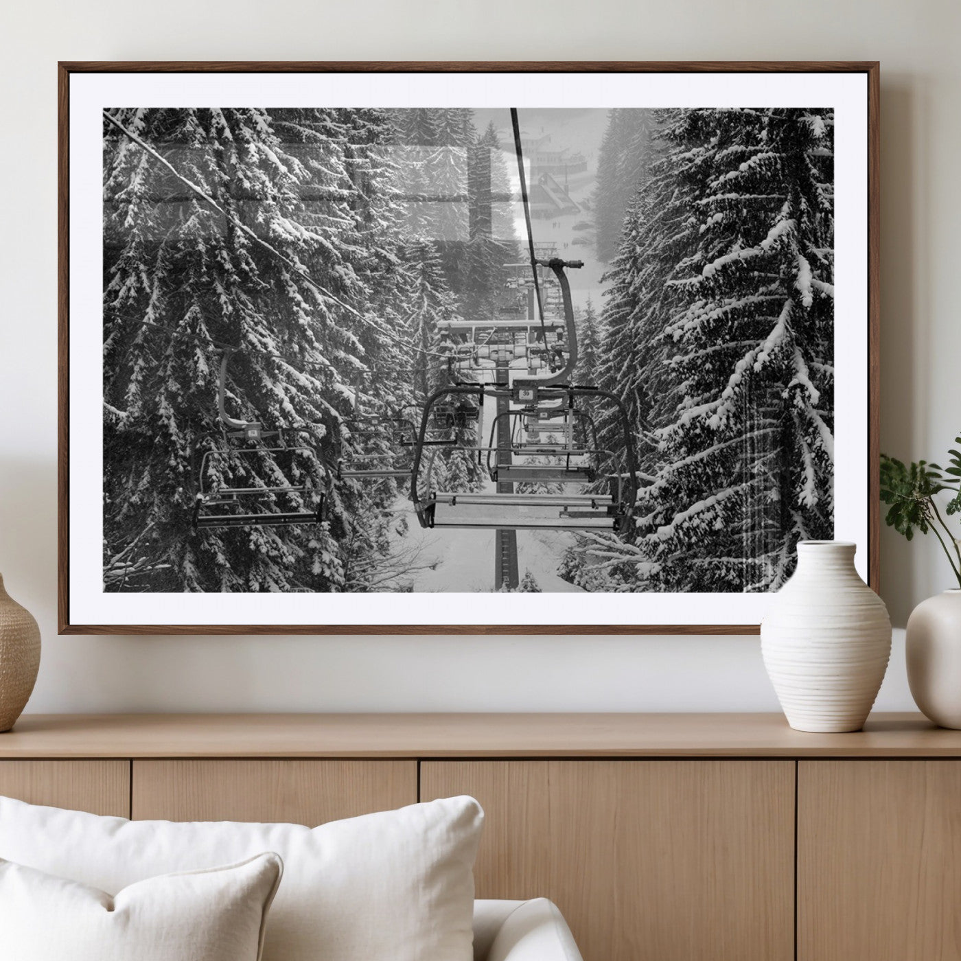 19240-MGV-CV-36X24-Ski Lift Wall Art – Black and White Winter Mountain Canvas Print, Snowy Forest Ski Resort Photography for Cabin, Lodge, Office or