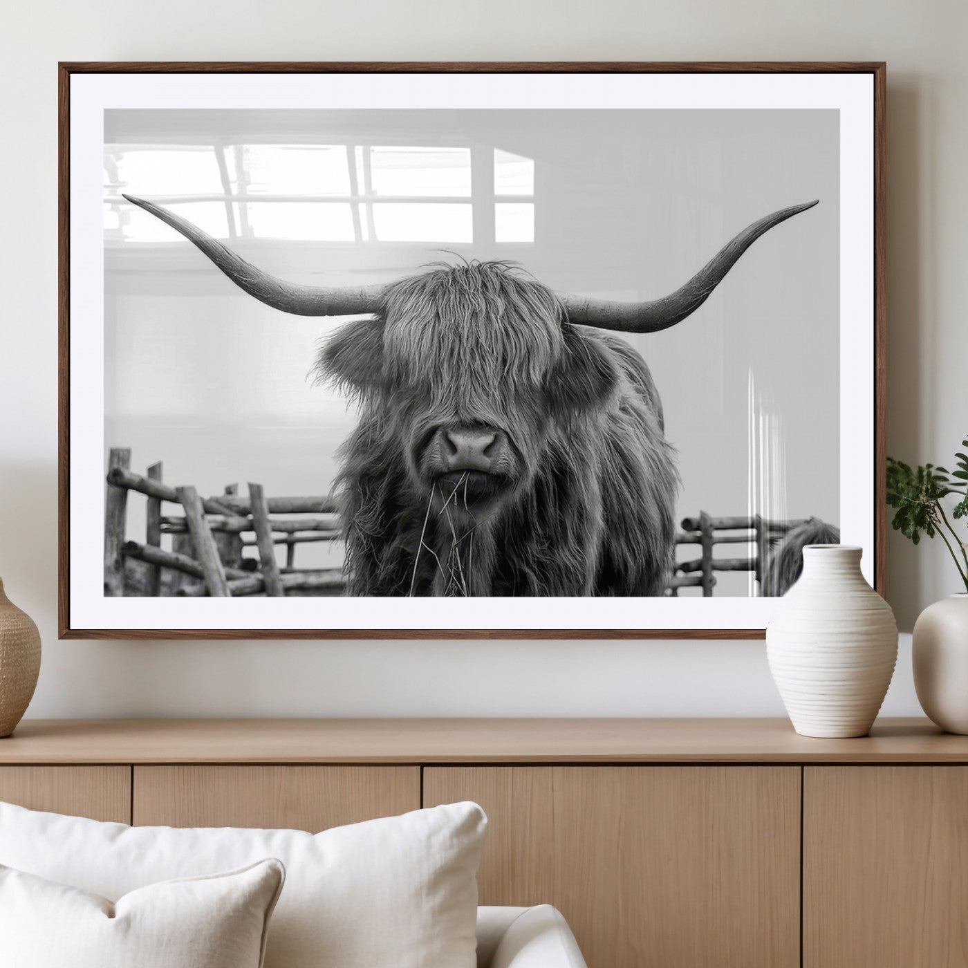 58188-MGV-CV-36X24-Highland Cow Wall Art – Black and White Rustic Farmhouse Canvas Print, Longhorn Cattle Photography Decor for Living Room or