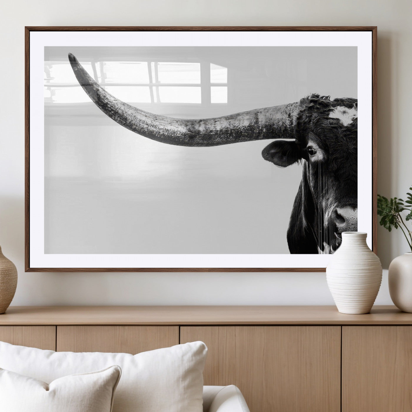 31699-MGV-CV-36X24-Longhorn Wall Art – Black and White Texas Longhorn Cow Canvas Print, Rustic Western Farmhouse Artwork for Living Room, Bedroom or