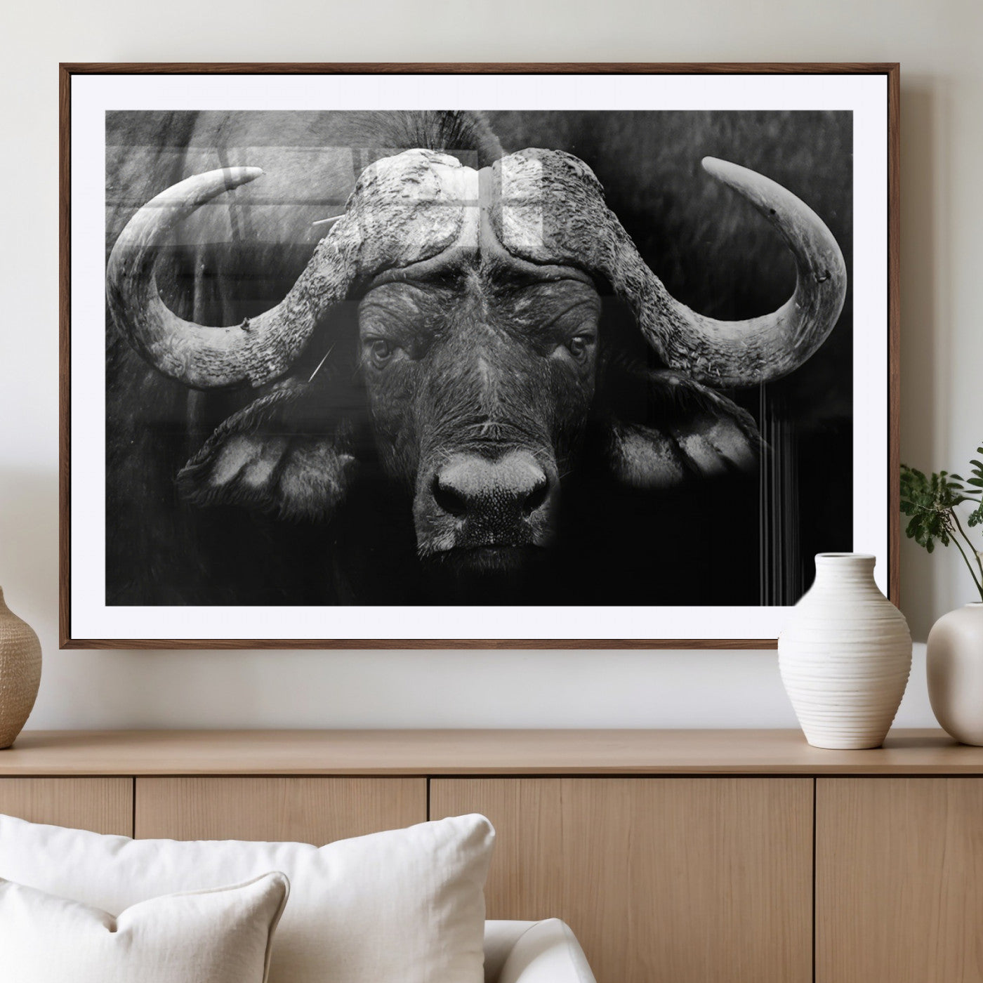 75273-MGV-CV-36X24-Buffalo Wall Art – Black and White African Buffalo Canvas Print, Rustic Wildlife Animal Artwork for Farmhouse, Living Room,
