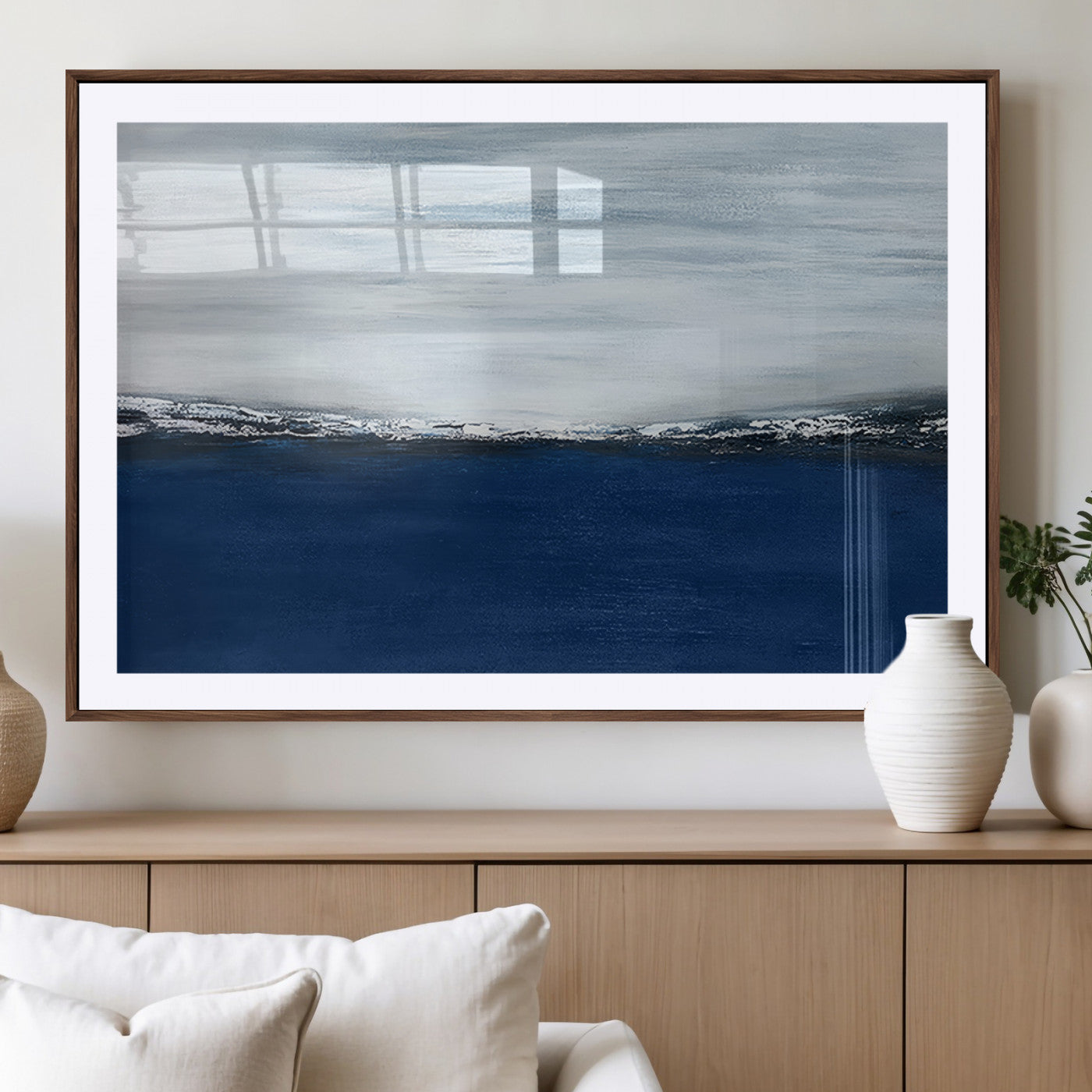 62197-MGC-FP-36x24_Walnut-Abstract Ocean Wall Art – Minimalist Blue and White Canvas Print, Modern Coastal Seascape Painting for Bedroom, Living Room or