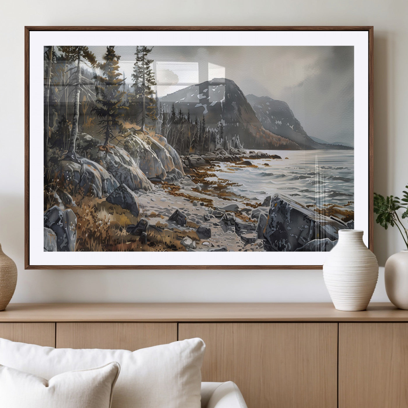 41281-MGC-FP-36x24_Walnut-Rocky Shoreline Wall Art – Panoramic Mountain Coast and Forest Canvas Print, Rustic Nature Landscape Decor for Cabin, Lodge, or