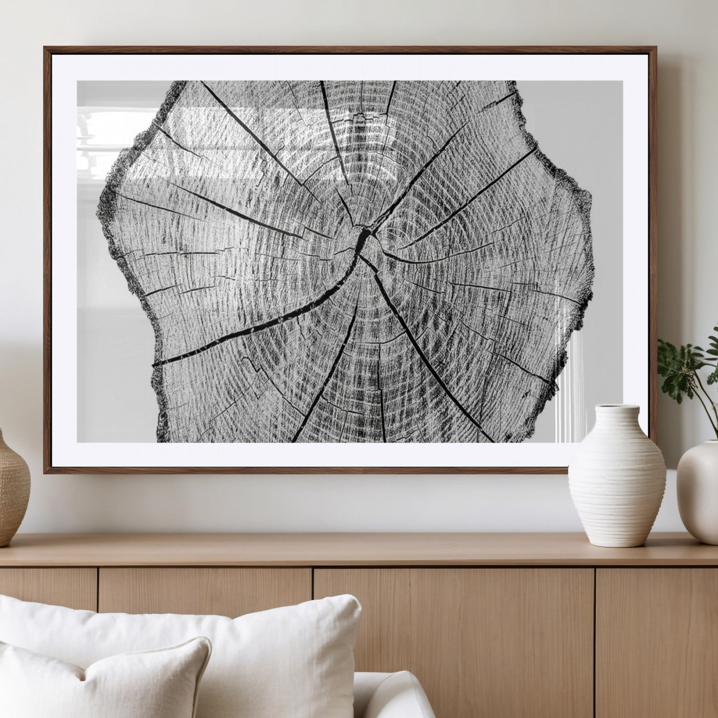 98709-MGC-FP-36x24_Walnut-Tree Ring Wall Art – Black and White Canvas Print Rustic Wood Cross Section, Minimal Nature Inspired Decor for Living Room,