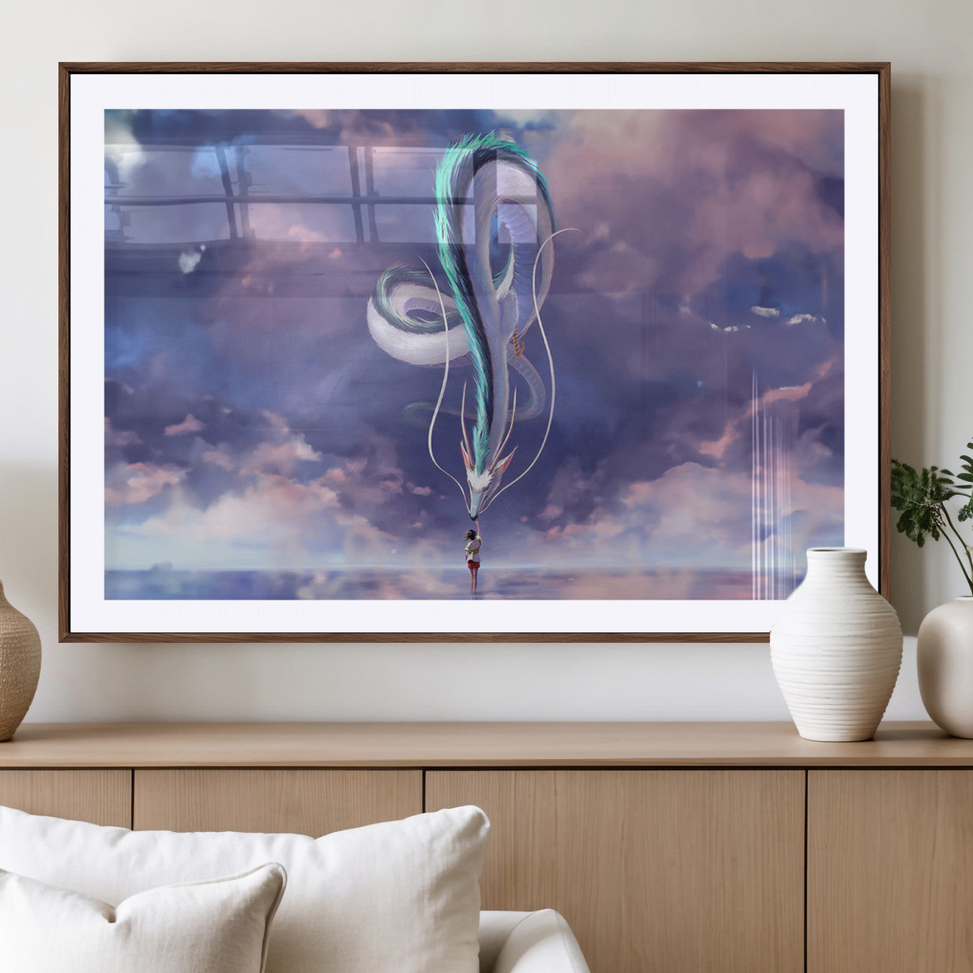 66864-MGC-FP-36x24_Walnut-Fantasy Dragon Wall Art – Mystical Canvas Print Girl and Sky Serpent Dreamlike Clouds, Magical Anime Inspired Decor for Living