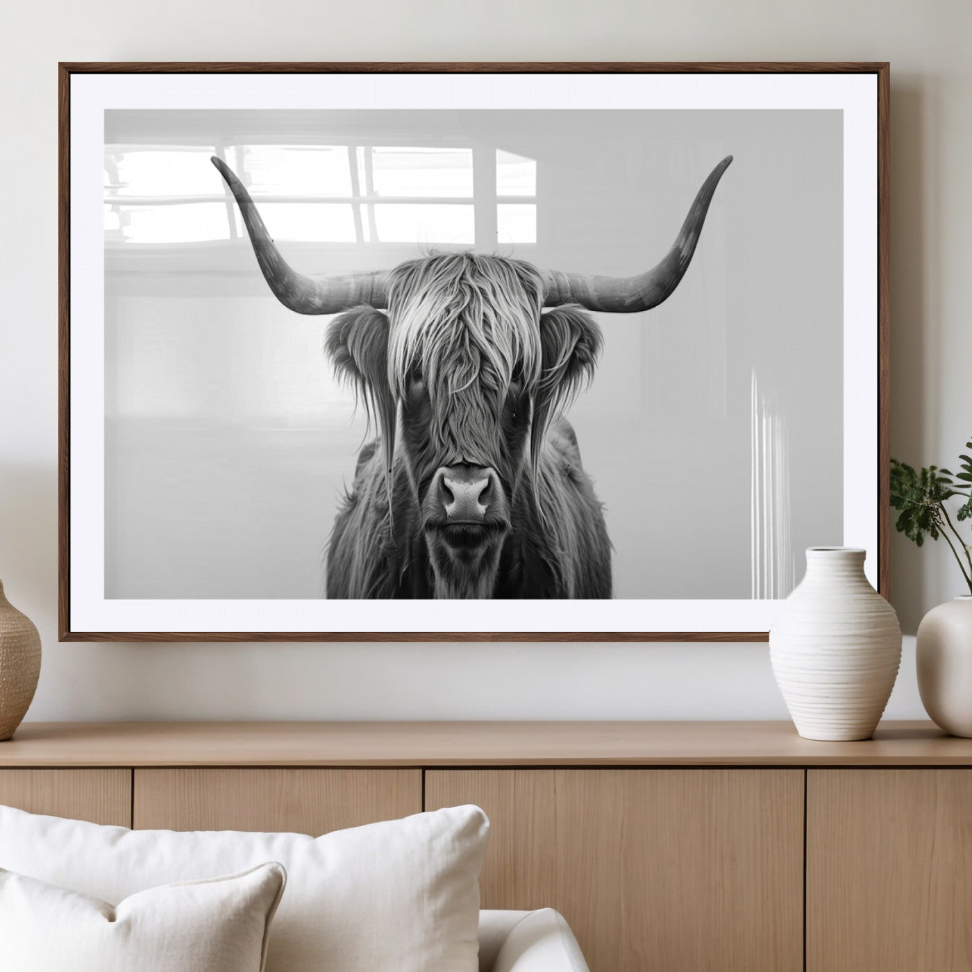 49556-MGV-CV-36X24-Highland Cow Wall Art – Black and White Scottish Highland Cattle Print, Rustic Farmhouse Minimalist Animal Portrait Canvas for