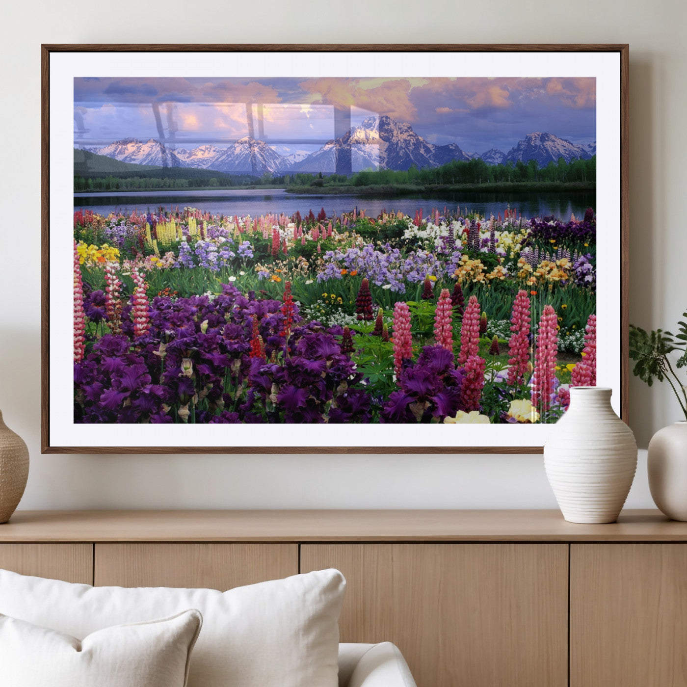 82270-MGV-CV-36X24-Colorful Wildflower Meadow Landscape Wall Art – Snow-Capped Mountain Lake Sunset Print, Vibrant Nature Artwork for Living Room,
