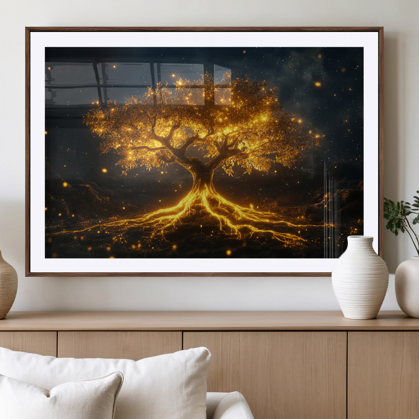 60194-MGV-CV-36X24-Glowing Tree Wall Art – Golden Roots Fantasy Canvas Print, Mystical Illuminated Tree Painting Poster for Living Room, Bedroom,