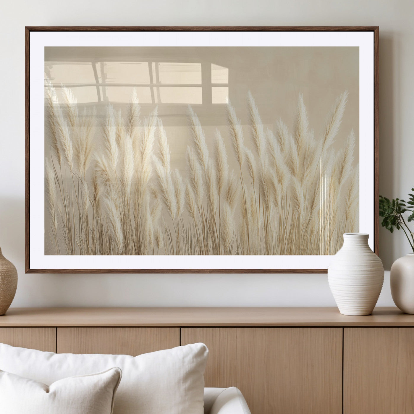 81444-MGV-CV-36X24-Pampas Grass Wall Art Canvas Print, Framed Beige Pampas Grass Art Picture Print, Minimalist Beige Perfect Minimalist Nature Decor