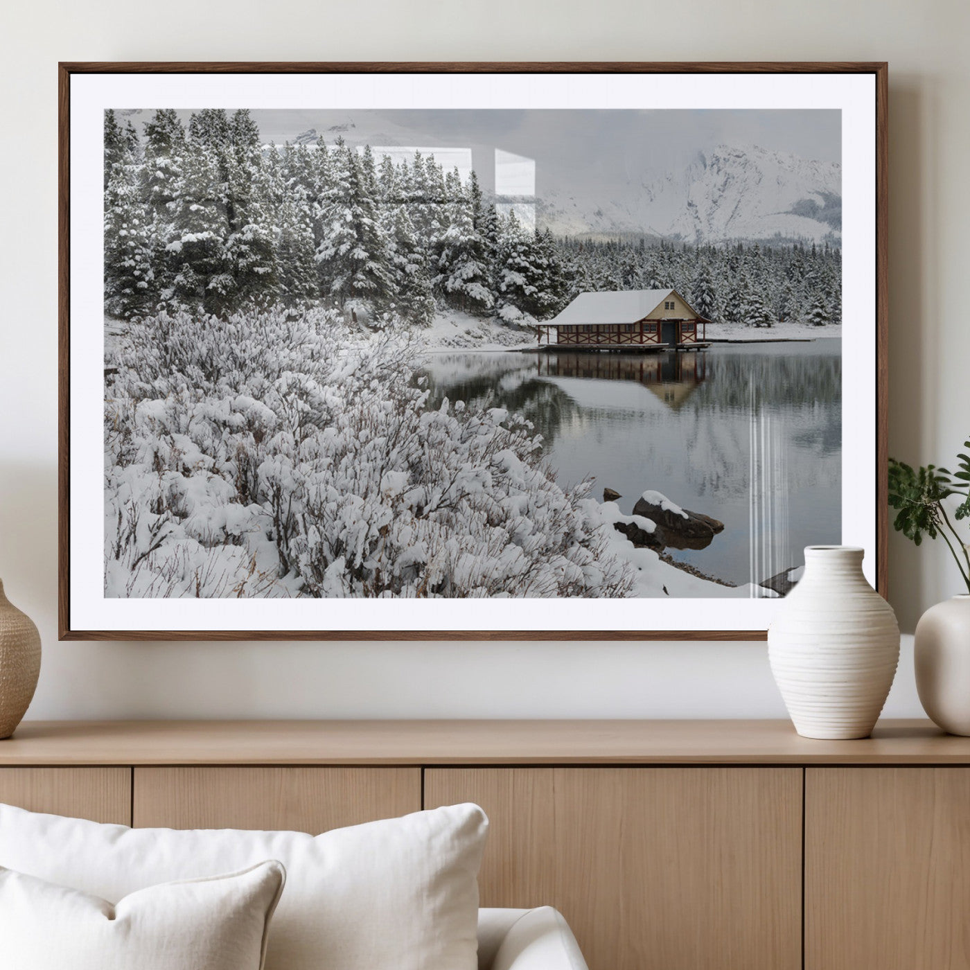 29975-MGV-CV-36X24-Winter Cabin by the Lake Wall Art – Snowy Mountain Landscape Canvas Print, Rustic Lodge Cabin Decor for Cozy Living Room, Bedroom