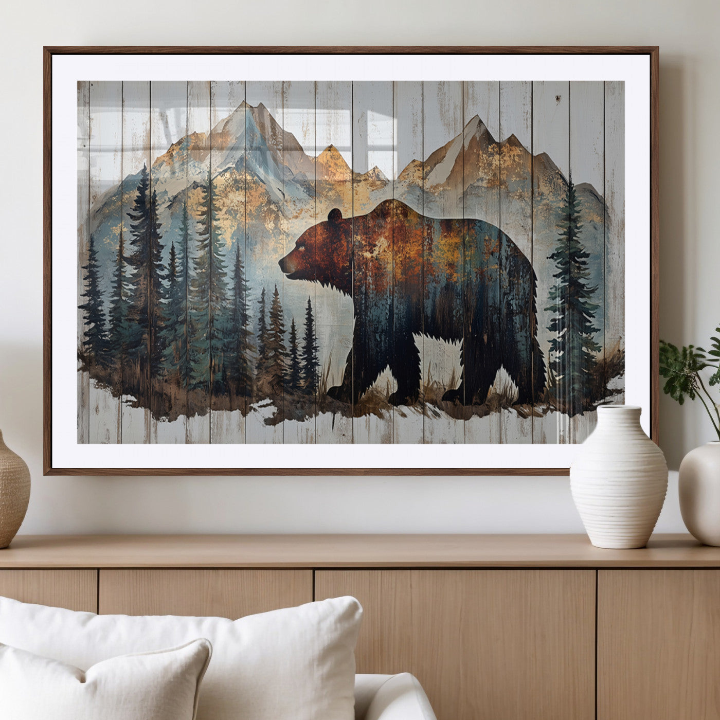 55777-MGC-FP-36x24_Walnut-Rustic Bear Wall Art Canvas Print, Framed Mountain and Forest Art Picture Print, Wooden Bear Perfect Rustic Lodge Decor Artwork