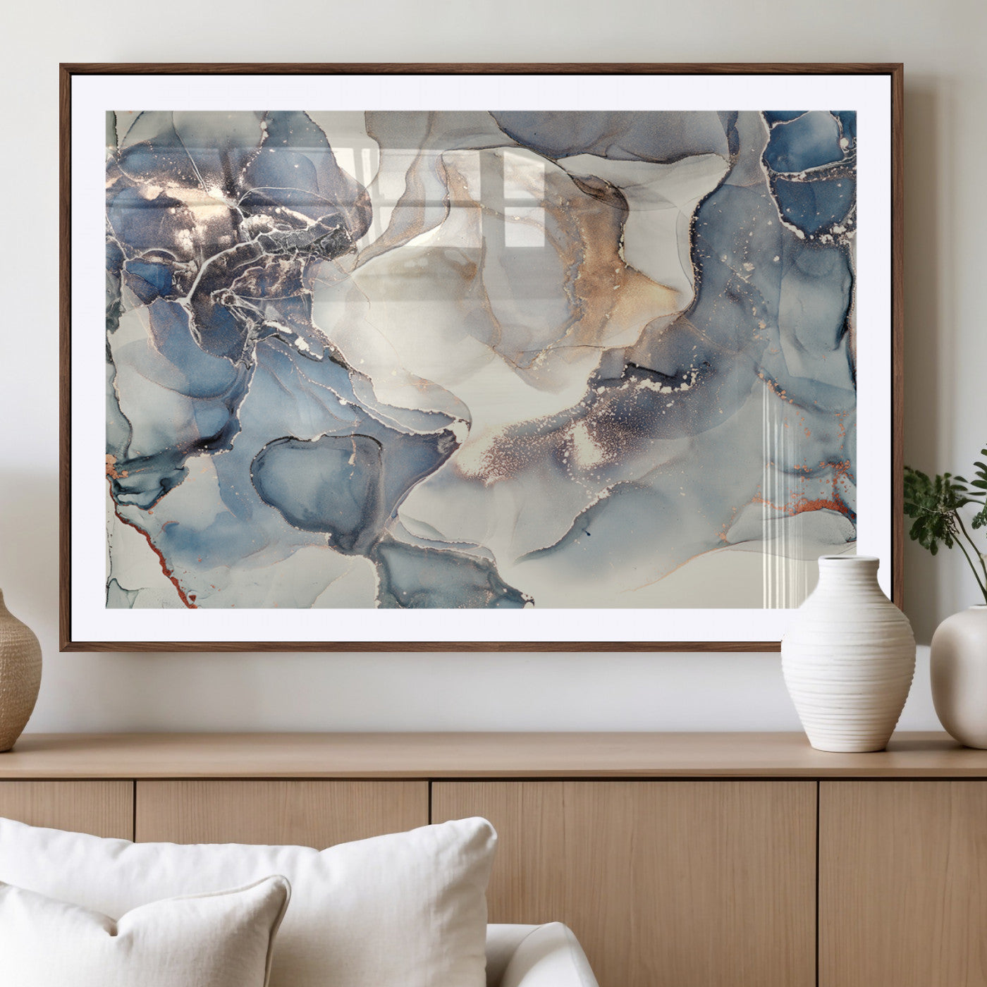 51497-MGV-CV-36X24-Abstract Blue and Gold Wall Art – Modern Fluid Ink Style Canvas Print, Elegant Contemporary Decor for Living Room, Office